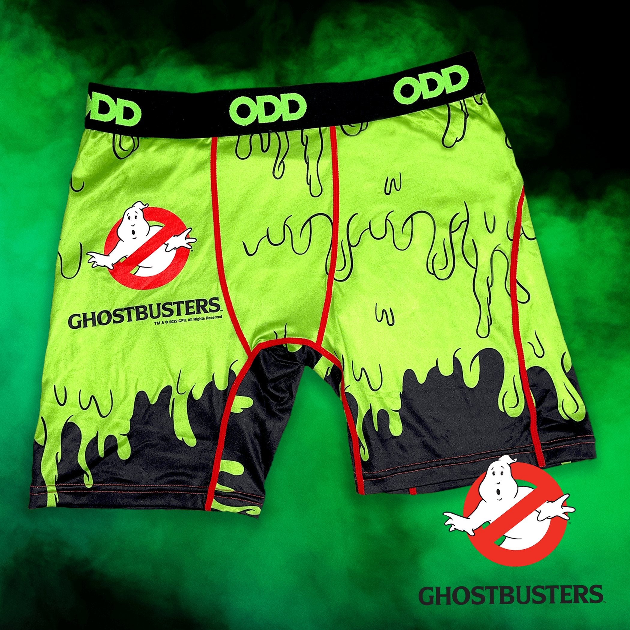 Green boxer briefs with black slime design, featuring the iconic Ghostbusters logo on a smoky green background.