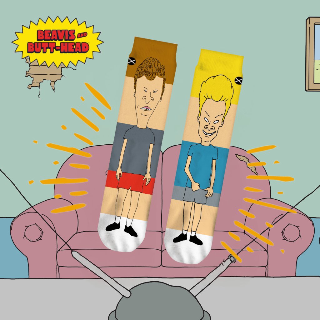 Cartoon-style scene with Beavis and Butt-Head socks on a couch, capturing the humorous vibe of the animated show.