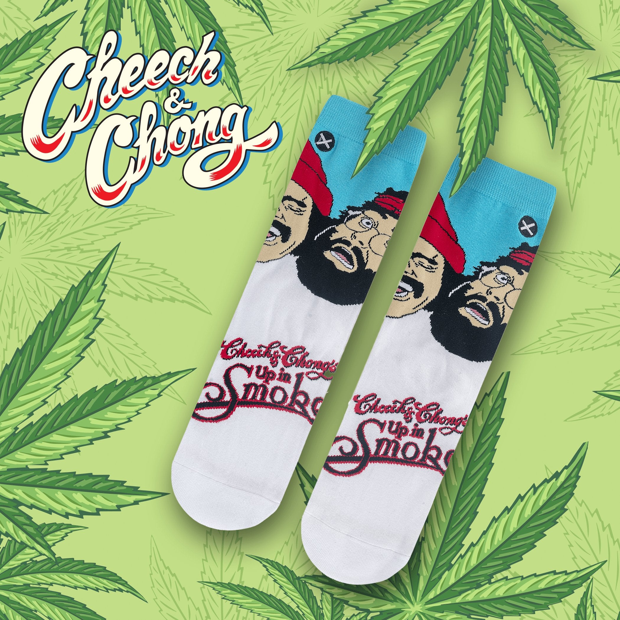 Fun Cheech & Chong socks set against a leafy green background, reflecting the duo’s iconic and relaxed comedy style.