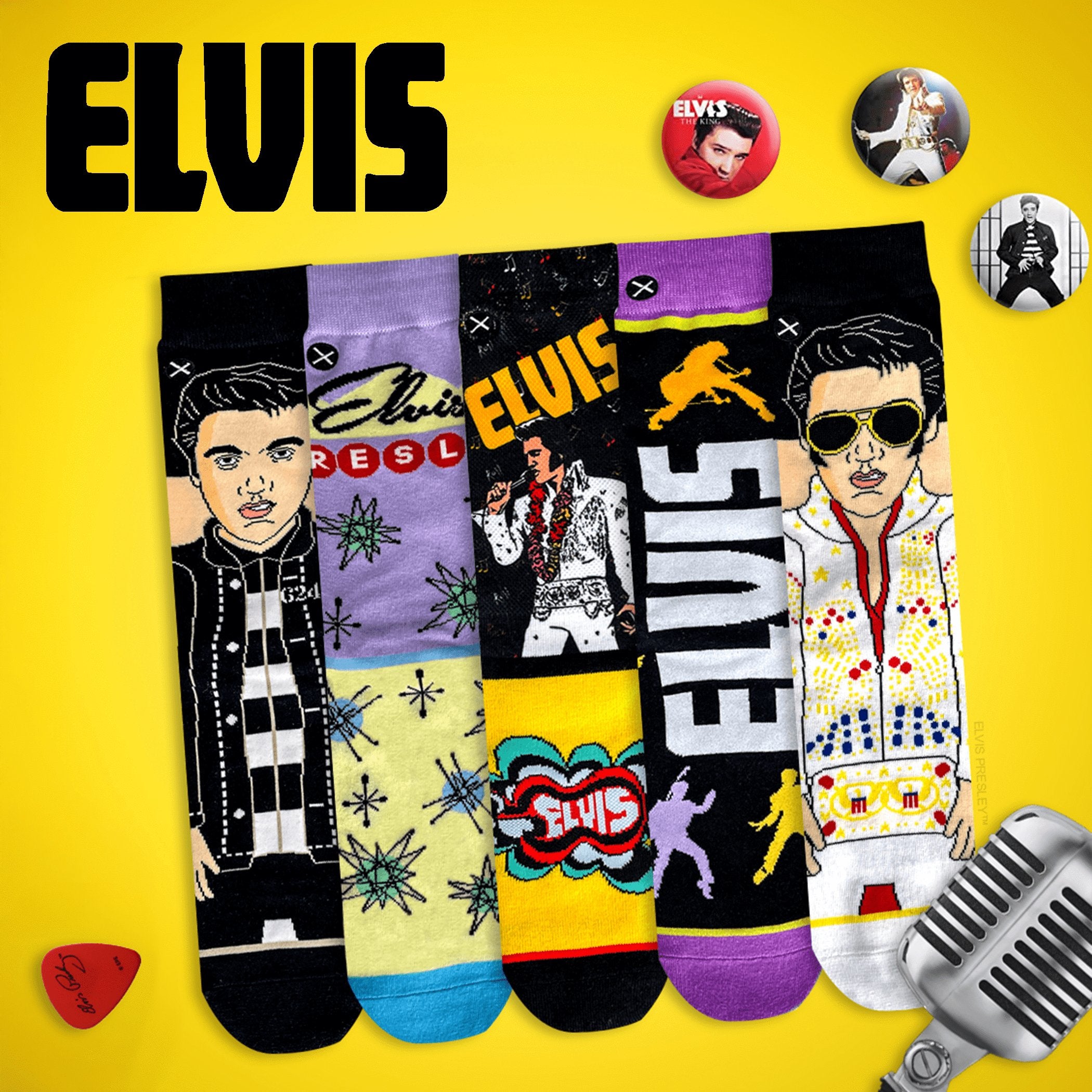 A set of colorful Elvis-themed socks with various designs on a yellow background, accompanied by Elvis pins and a microphone.