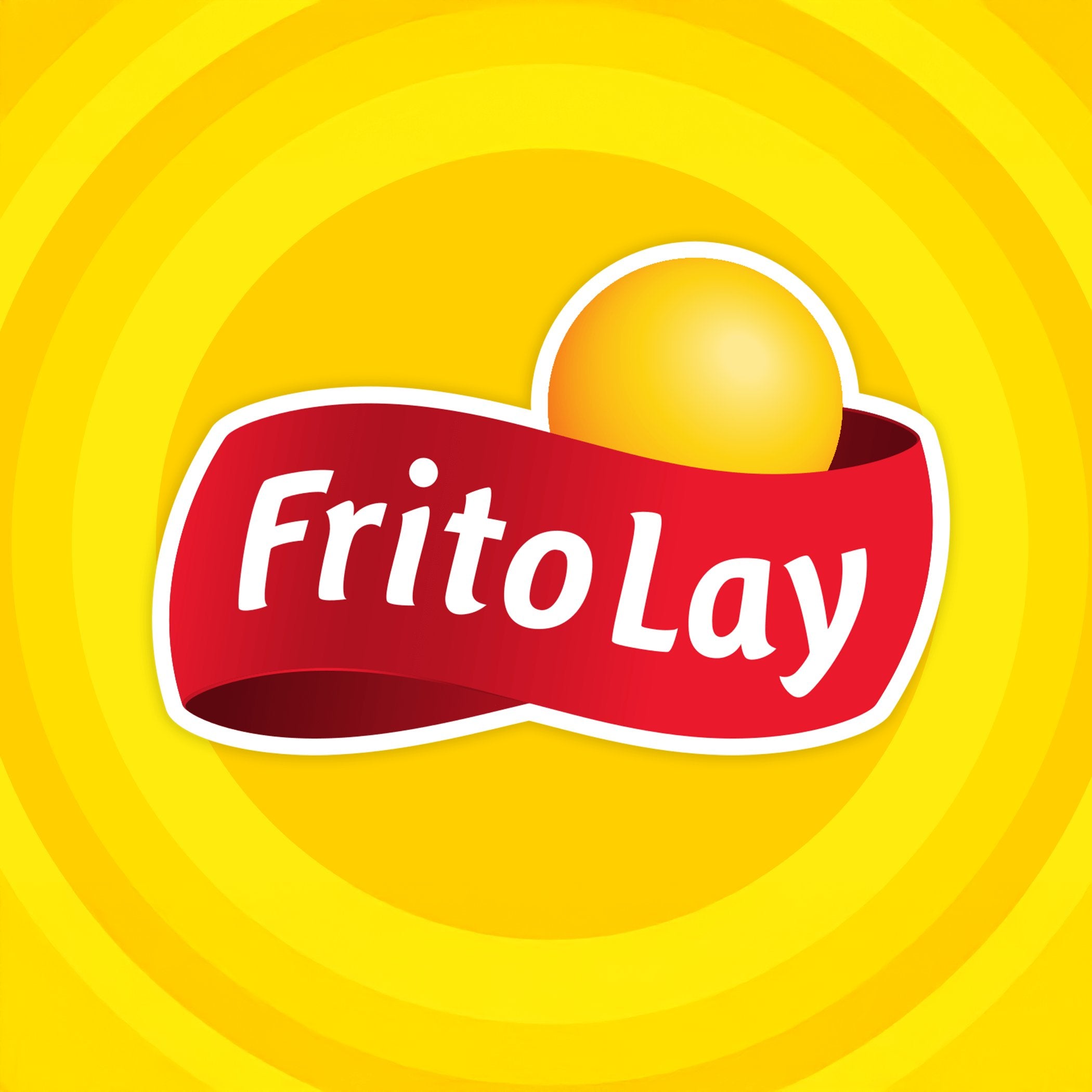 Bright yellow background featuring the iconic Frito-Lay logo with a red ribbon and sunburst pattern.