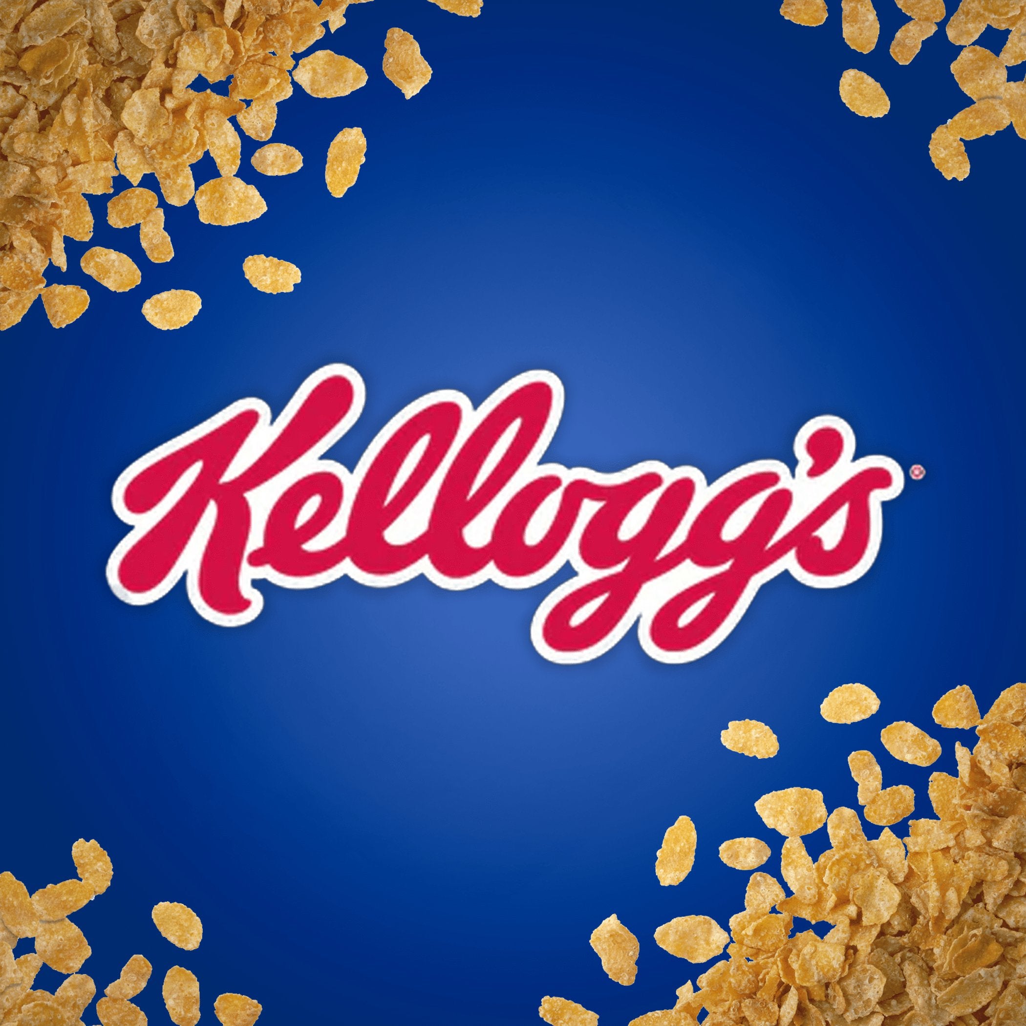 Blue background with the red Kellogg's logo surrounded by golden flakes, evoking a fresh and crunchy cereal vibe.
