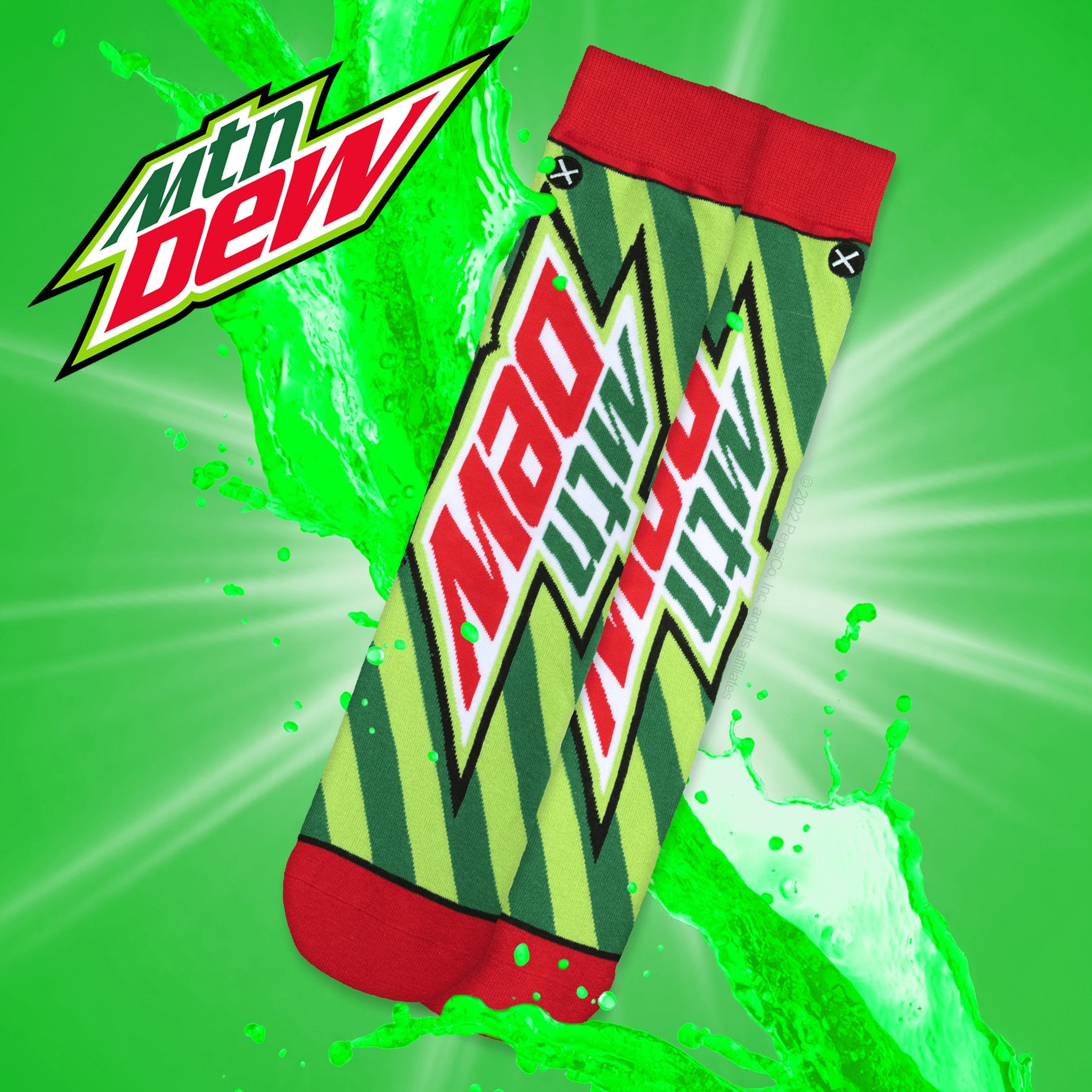 Green and red socks with bold Mountain Dew branding. Splash effect in the background, with the Mountain Dew logo in the top left.