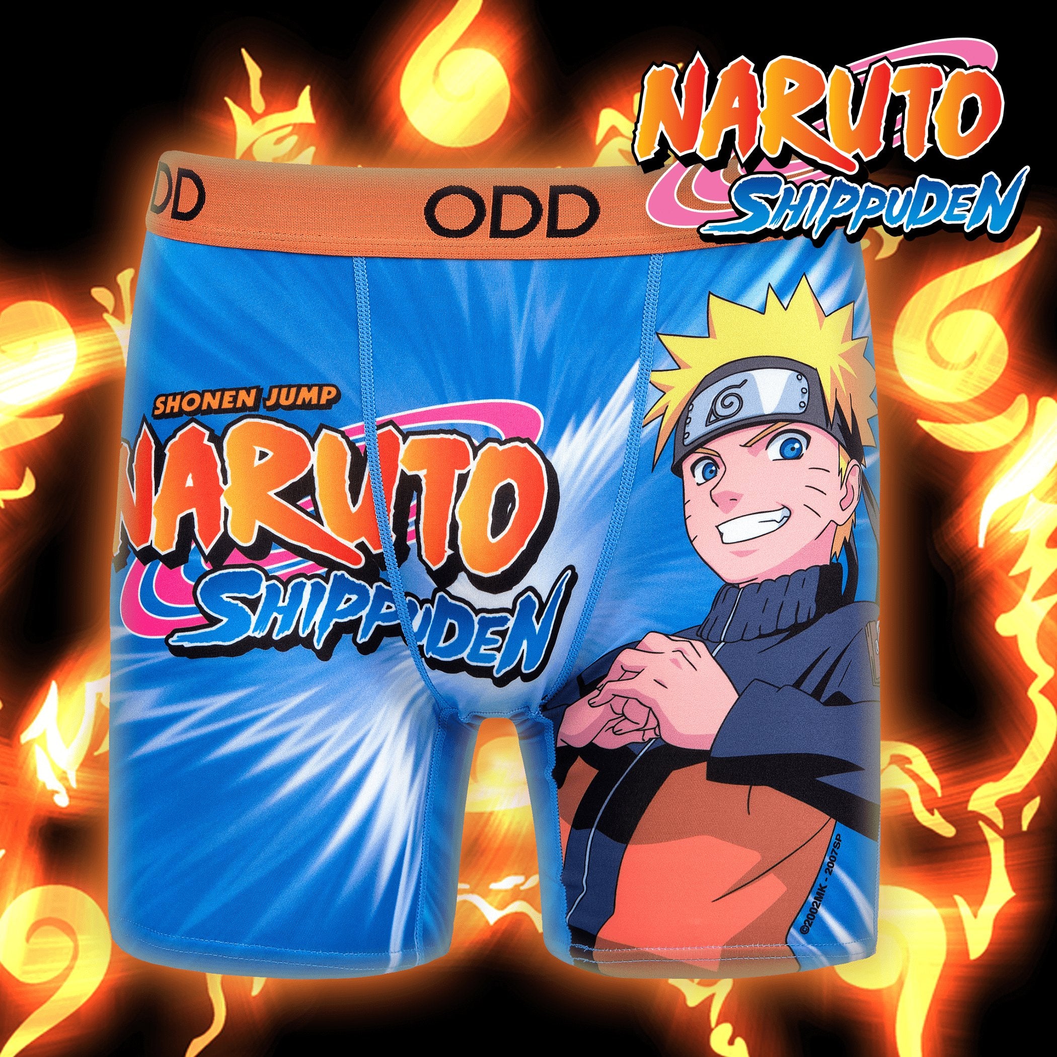 Bright blue boxer briefs with Naruto Shippuden logo and a large image of Naruto Uzumaki. The waistband is orange with "ODD" branding.