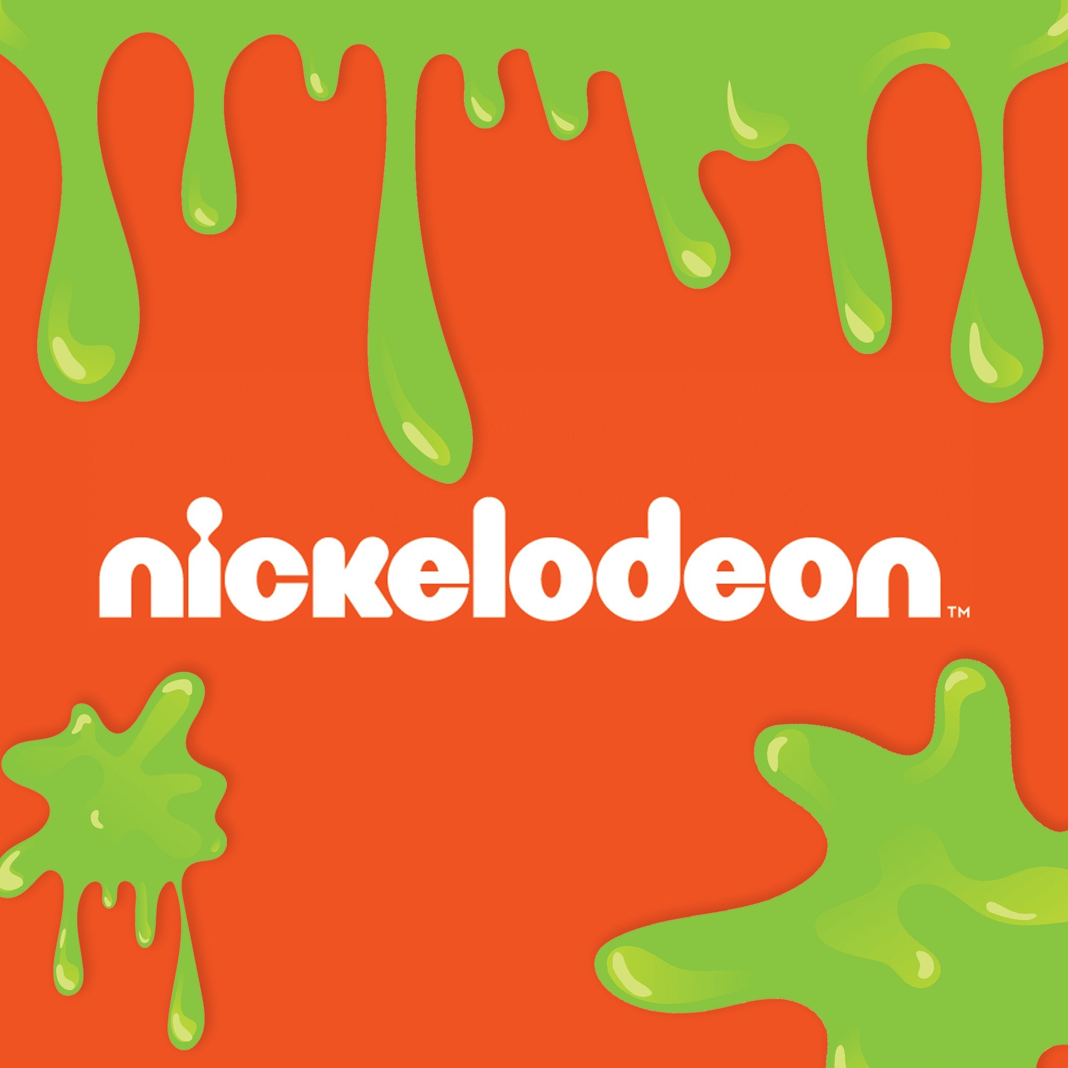 Nickelodeon logo on an orange background, covered with dripping green slime splashes.