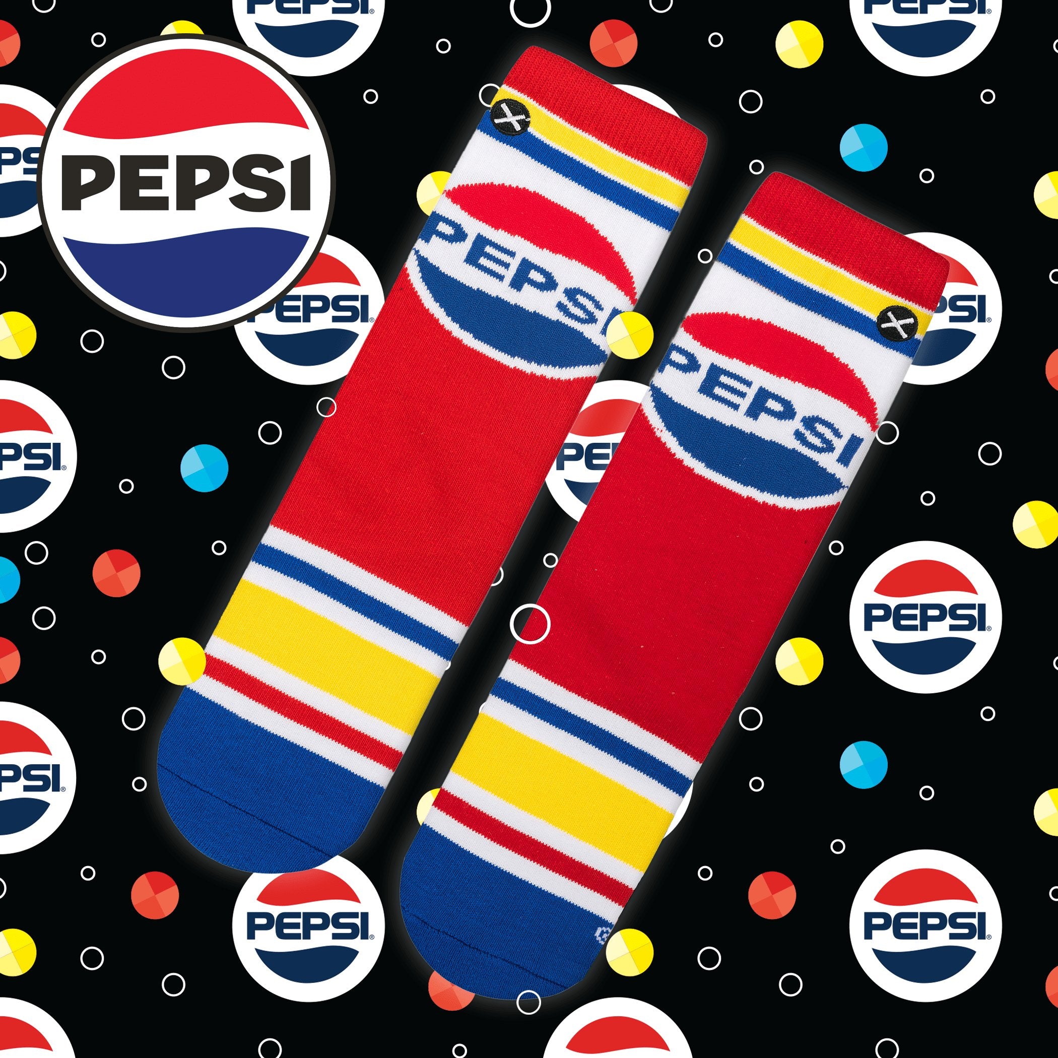 Vibrant socks featuring the red, white, and blue Pepsi logo with colorful accents and a fun bubble pattern.