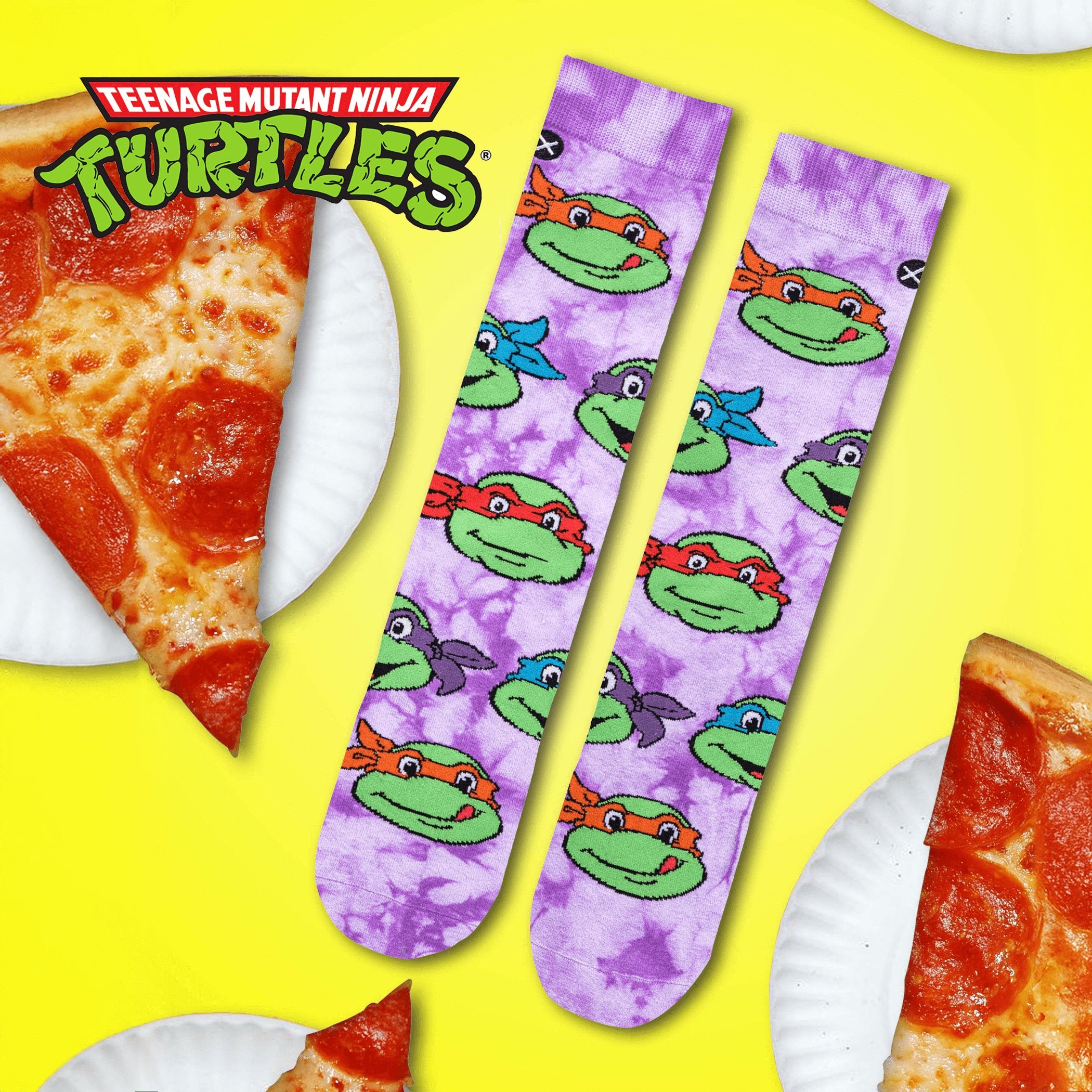 Urban cityscape background with TMNT-themed socks displaying the iconic turtles in action poses, perfect for fans of the beloved heroes in a half-shell.