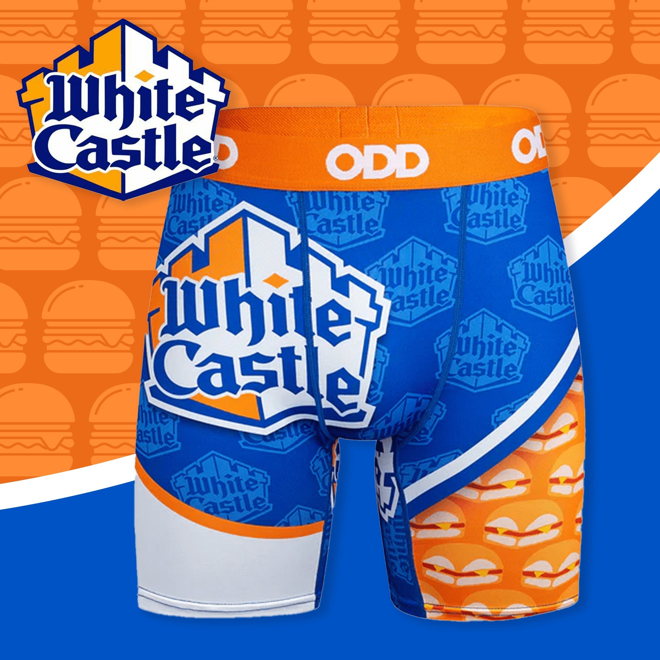 Blue and orange boxer shorts showcasing the White Castle logo with burger patterns and a playful fast-food design.
