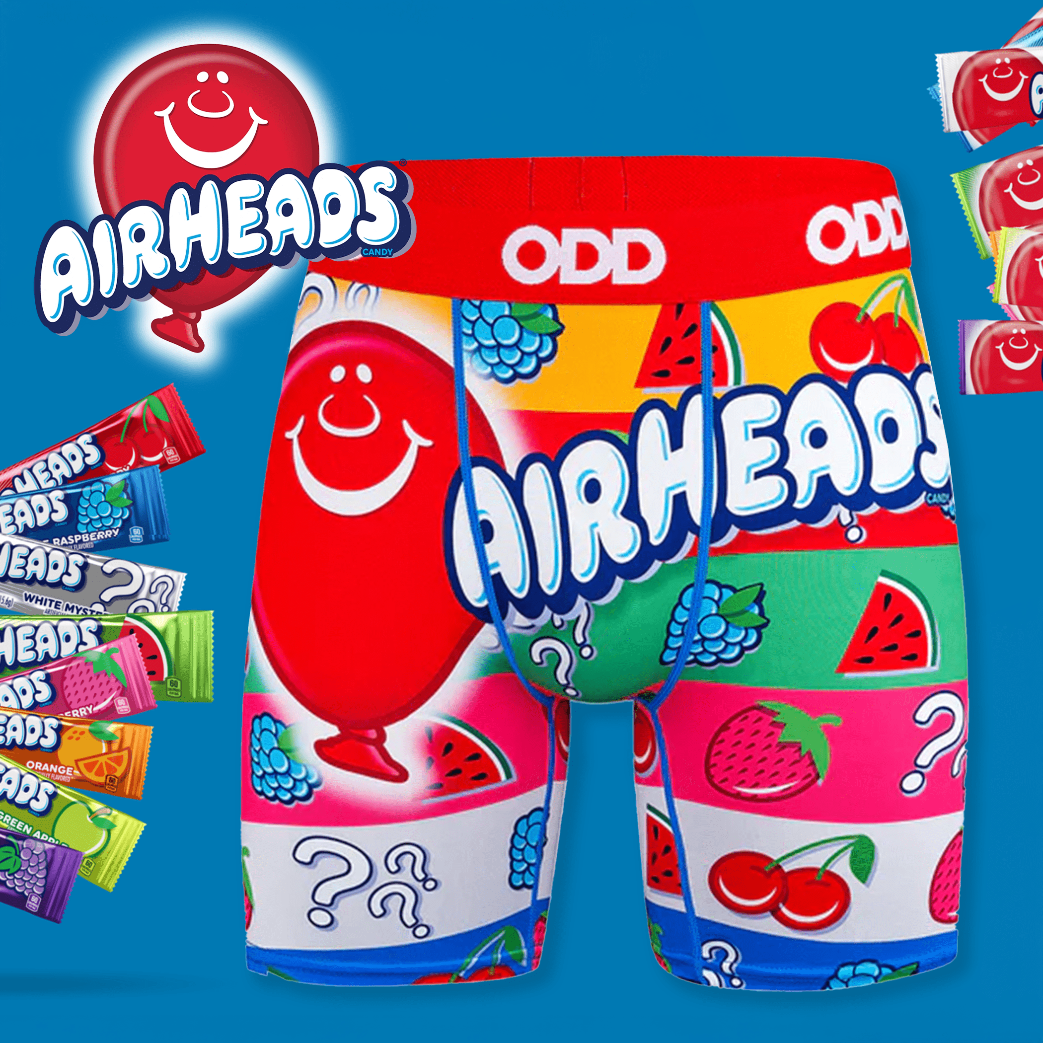 Colorful boxer briefs featuring Airheads candy branding with various fruit designs and question marks. The waistband is red with "ODD" branding.