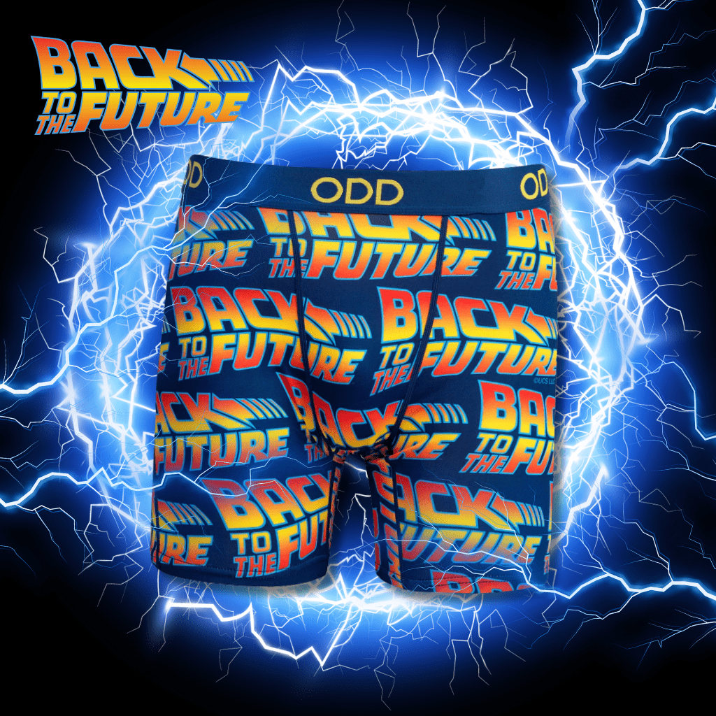 Electric blue background with lightning bolts and a classic Back to the Future logo patterned on underwear, referencing the iconic movie series.