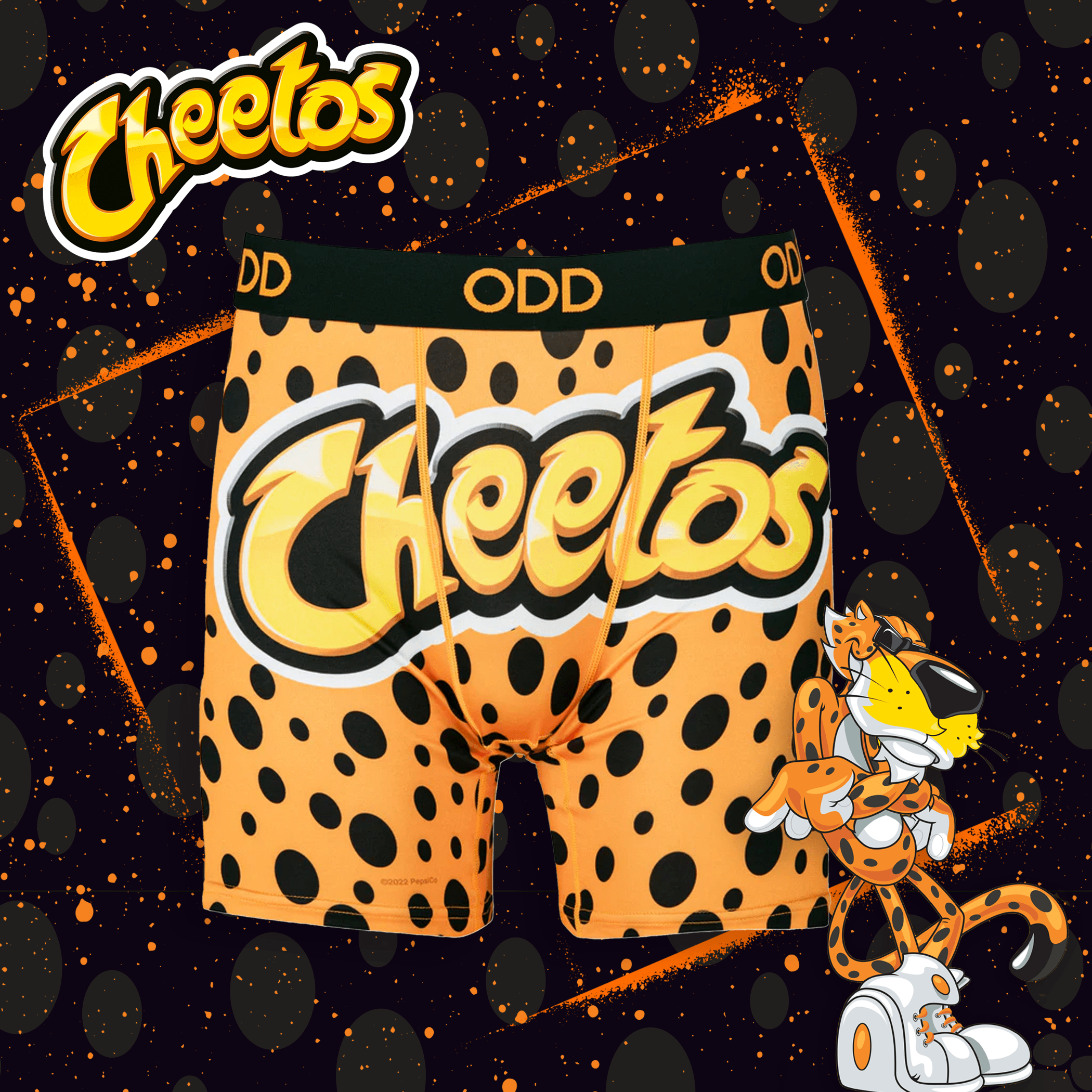Bold orange Cheetos underwear with the Cheetos logo and spotted pattern, referencing the snack’s cheesy flavor with Chester Cheetah nearby.