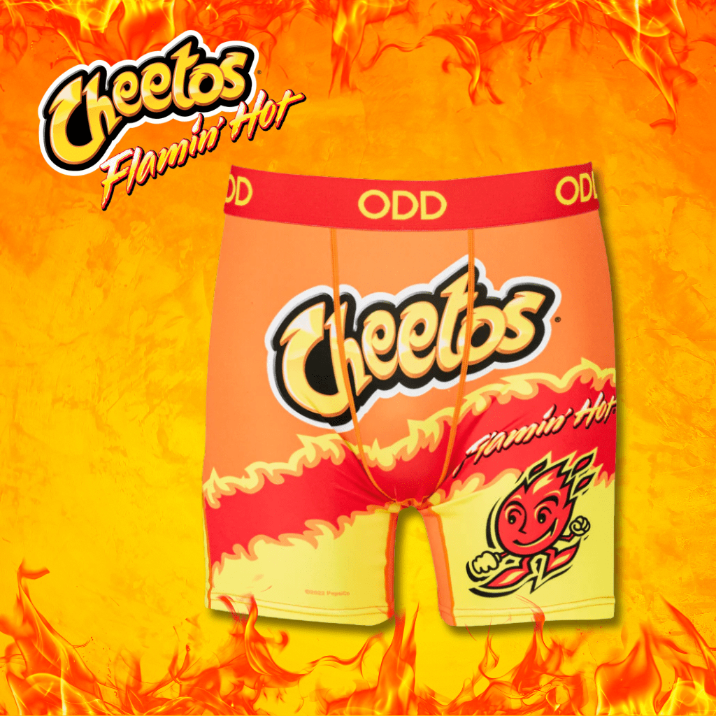 Fiery red and orange underwear with the Cheetos Flamin' Hot logo, surrounded by flames to evoke the spicy sensation of the snack.