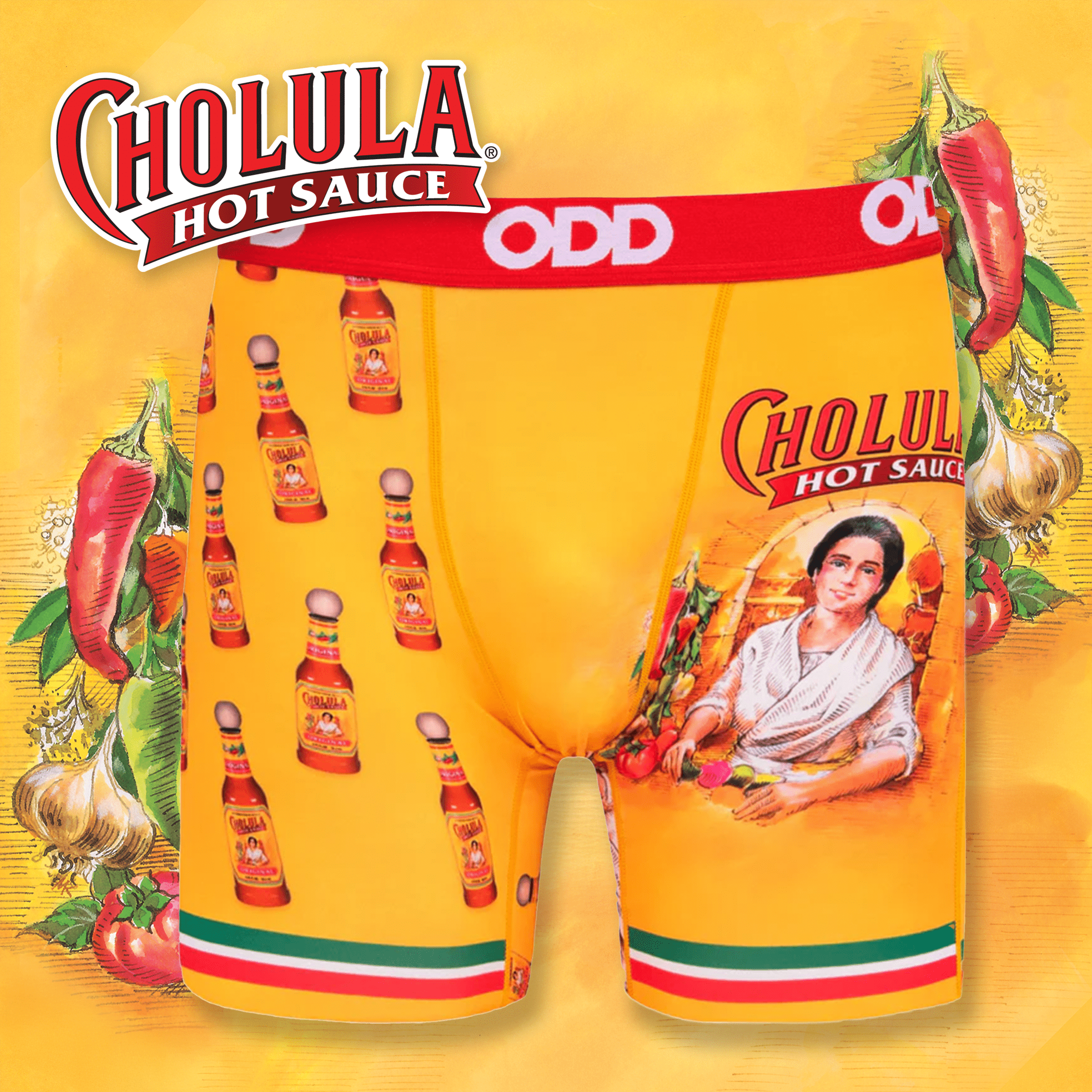 Bright yellow boxer briefs featuring Cholula Hot Sauce branding with the iconic woman and multiple hot sauce bottles. The waistband reads "ODD" in red, with Mexican flag-inspired accents at the base.