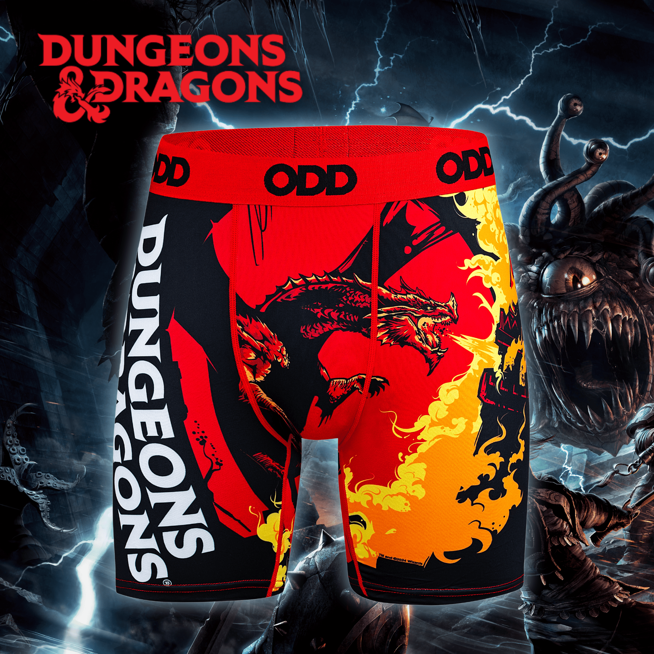 A pair of black and red boxer briefs featuring a fierce red dragon and flame graphics. Background has a dark, stormy scene with a Beholder. Dungeons & Dragons logo is displayed on top.