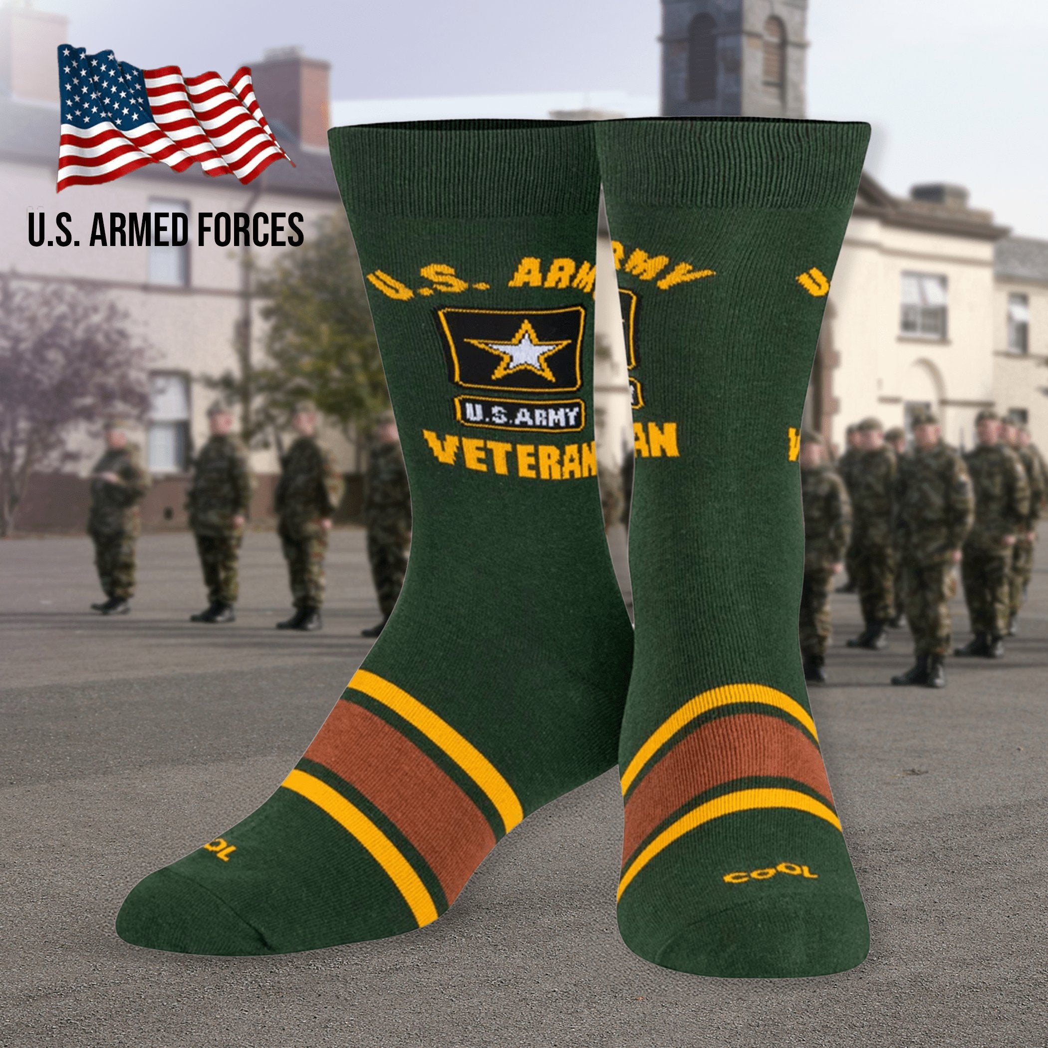 Green socks with the U.S. Army Veteran emblem and bold yellow stripes, with a military-themed background.
