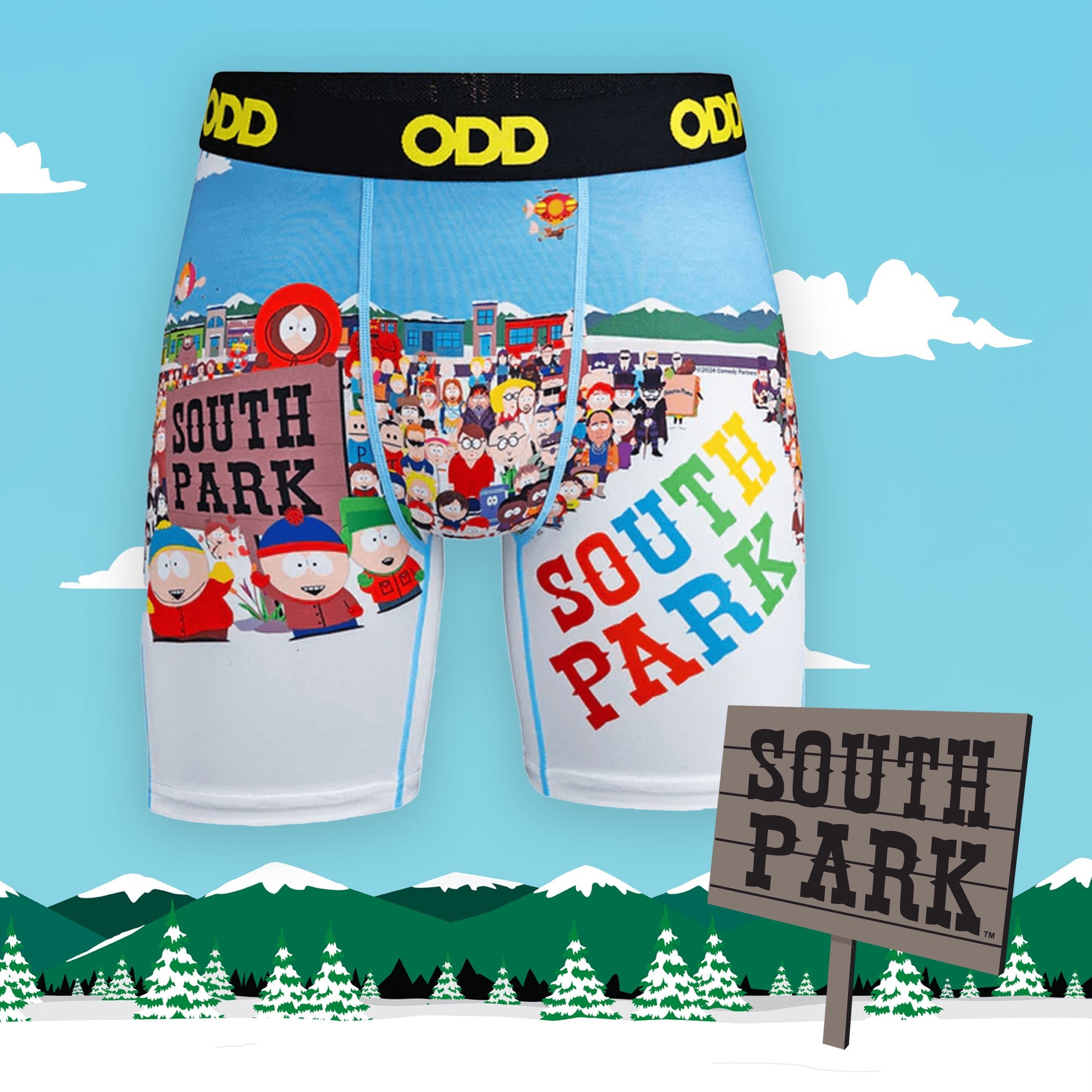 Boxer briefs featuring South Park characters and snowy mountain scenery. South Park sign included, with the South Park logo in the bottom right.