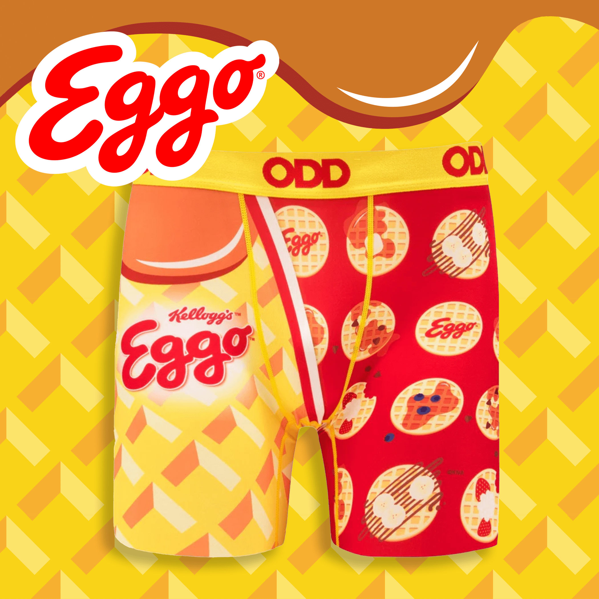 Colorful boxer briefs featuring a waffle and syrup design with the Eggo logo. Split red and yellow pattern, with "ODD" on the waistband. Eggo logo in the top left, with a waffle-patterned background.