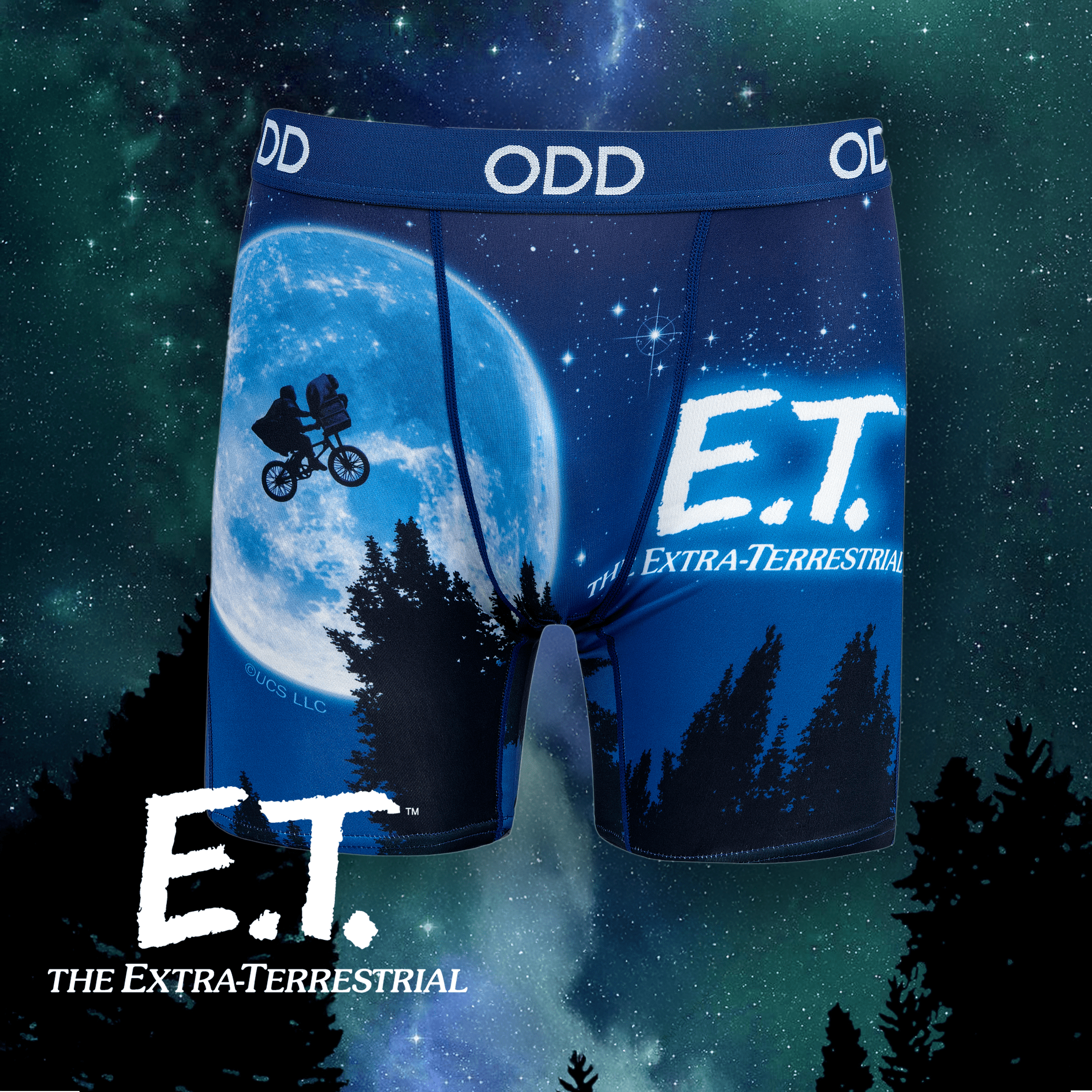 Deep blue night sky with stars and trees, featuring E.T. boxer briefs with the iconic moon and bike scene, capturing the magic of the classic movie.