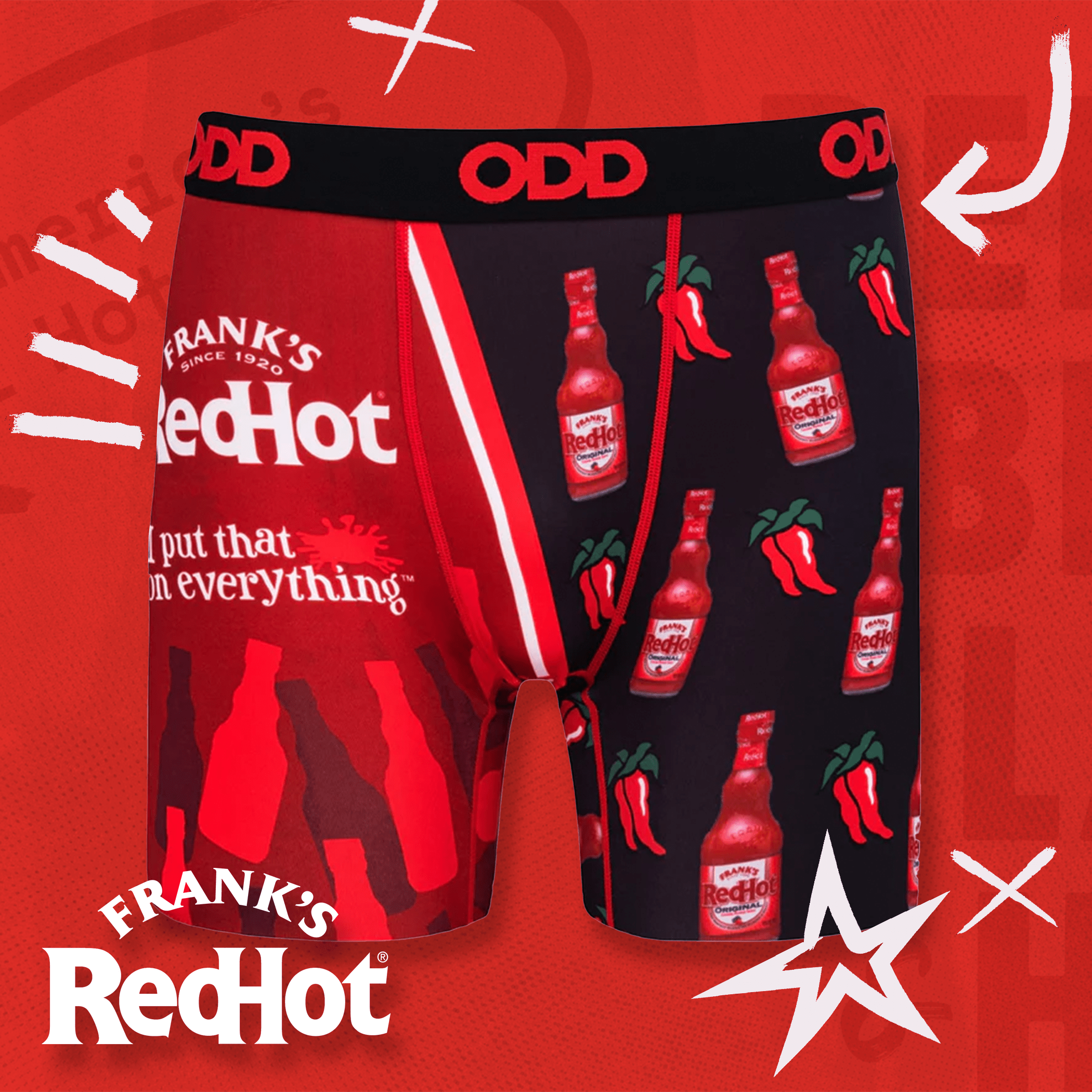 Red and black boxer briefs with Frank's RedHot logo and tagline "I put that on everything." The design includes hot sauce bottles, chili peppers, and the "ODD" brand waistband in red.