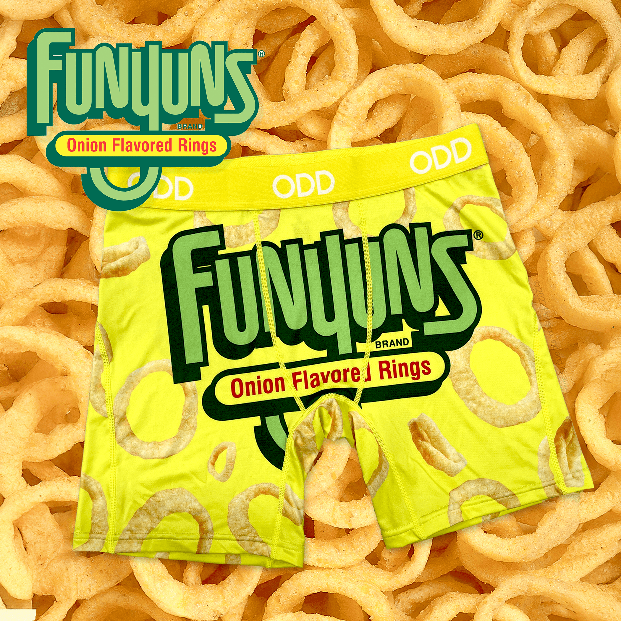 Bright yellow background filled with Funyuns onion rings, featuring Funyuns-themed boxer briefs with a bold green and yellow design, evoking the flavor of the snack.