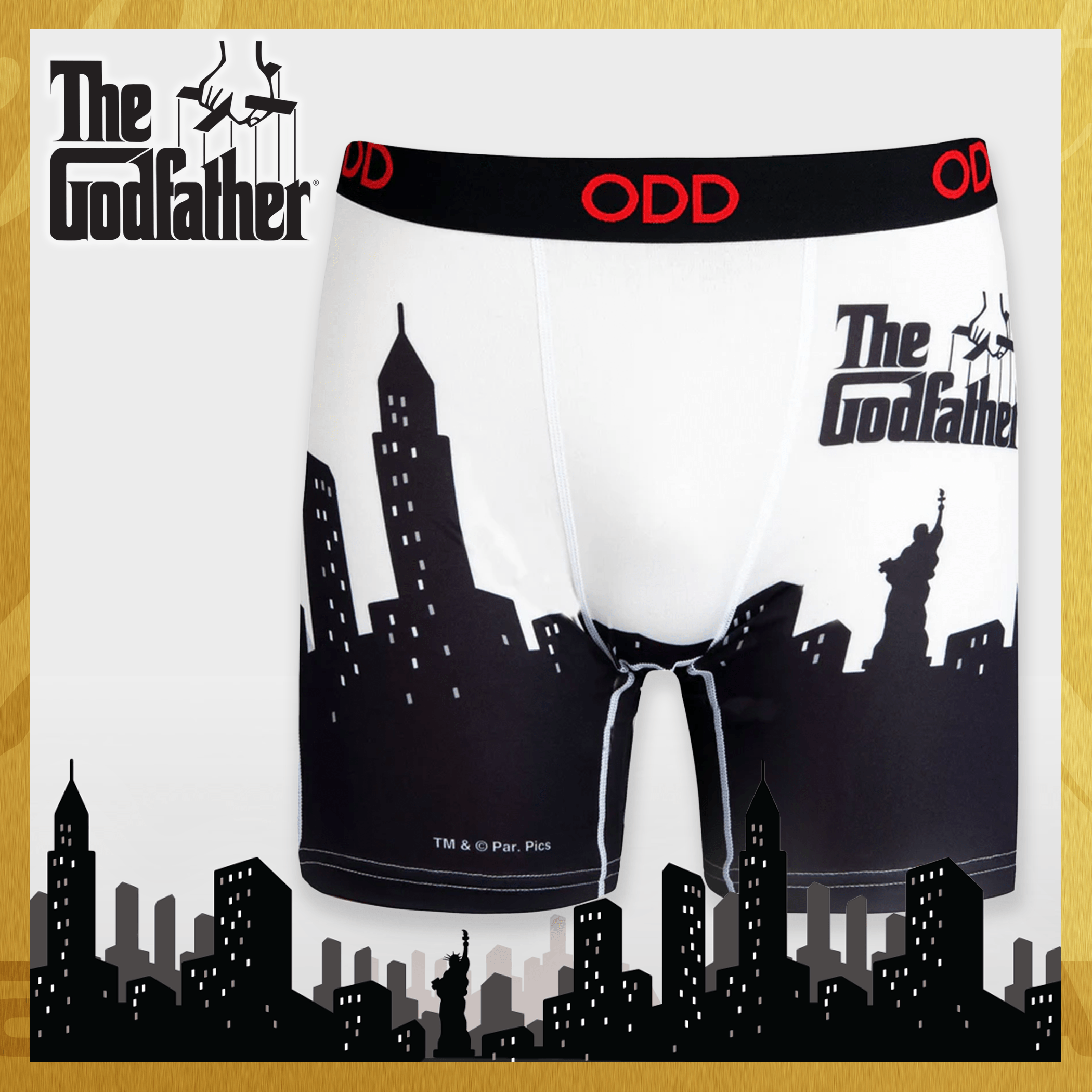 White and black boxer shorts featuring a silhouette of a city skyline with "The Godfather" logo prominently displayed in black and white.