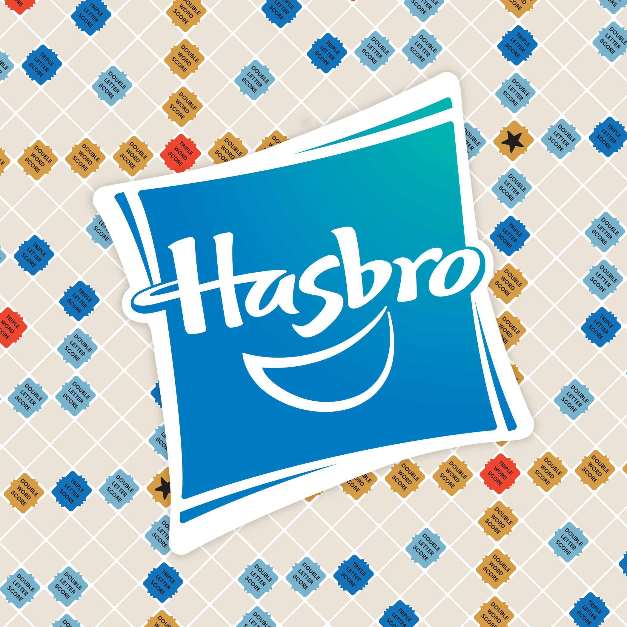 Blue Hasbro logo on a grid-style board design with colorful score tiles inspired by classic board games.