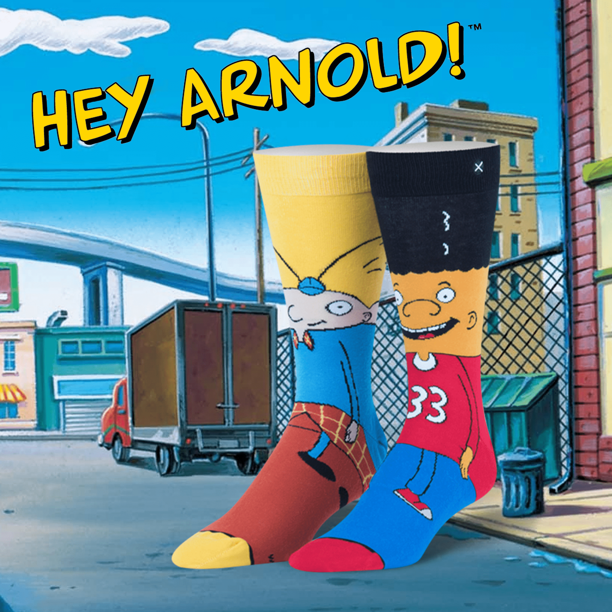 Urban-themed background with Hey Arnold! socks featuring characters Arnold and Gerald, bringing the nostalgic 90s cartoon to life.