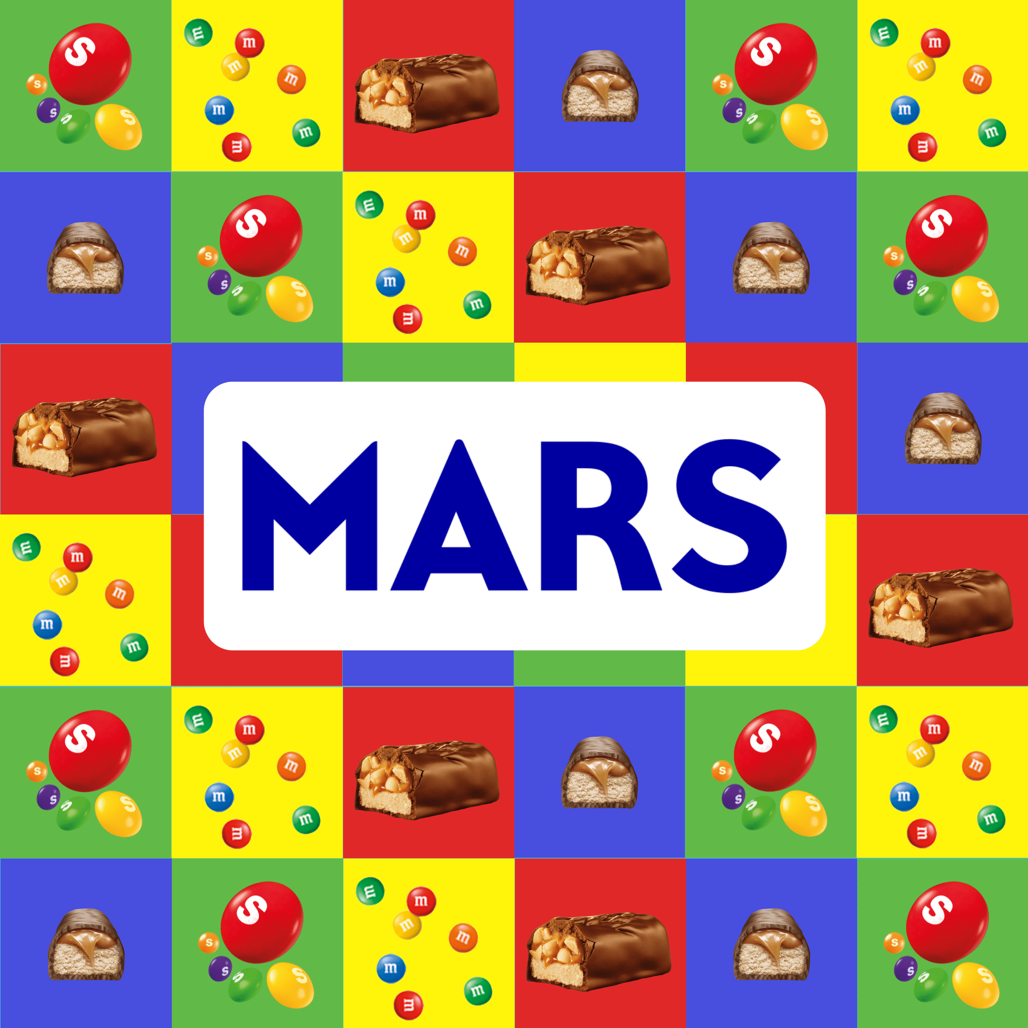 A colorful grid pattern featuring the Mars logo in the center, surrounded by images of chocolate bars, M&M candies, and cross-sections of candy bars on a vibrant background of red, yellow, blue, and green squares.