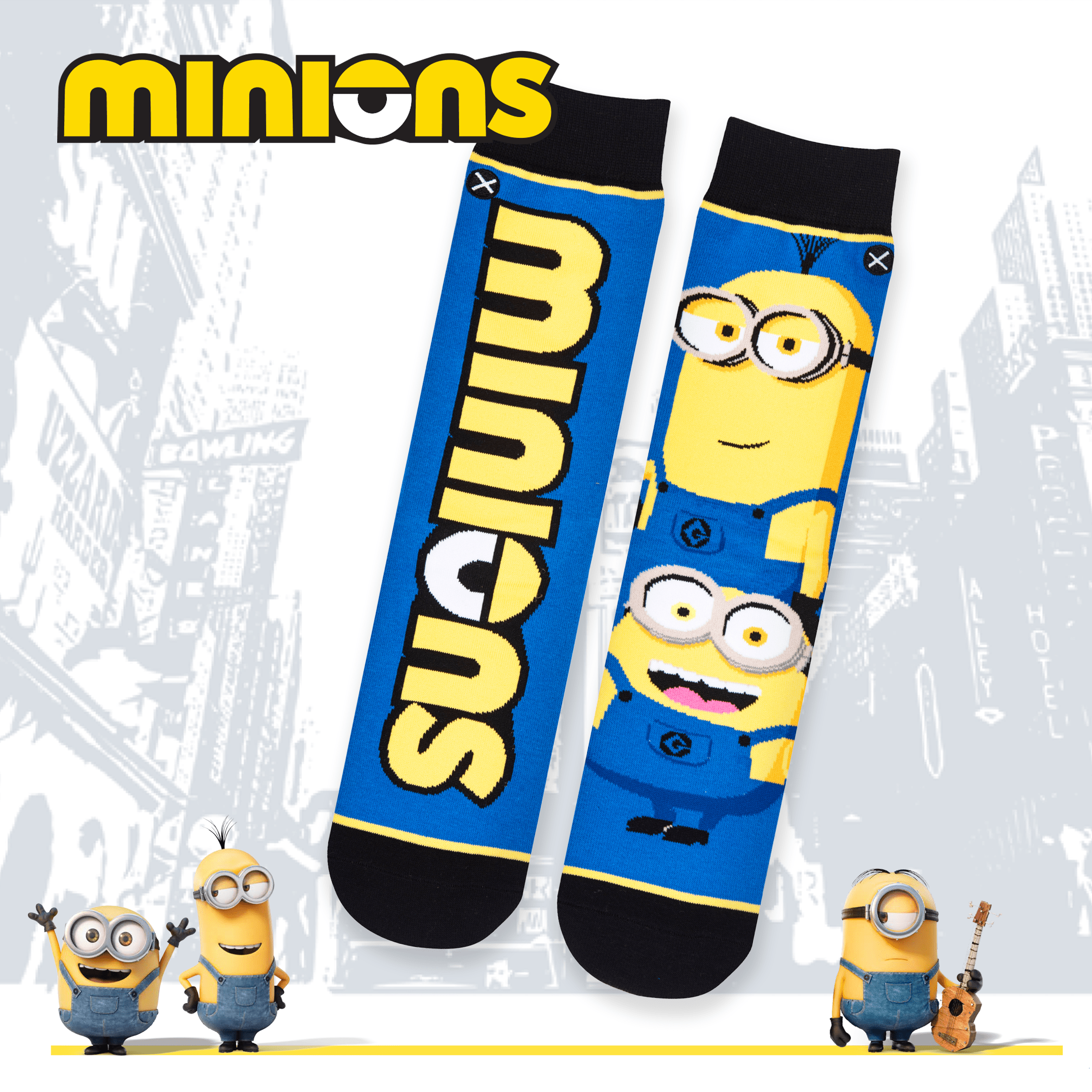 Bright blue socks with vibrant yellow Minions graphics and "Minions" text design on a playful city background.