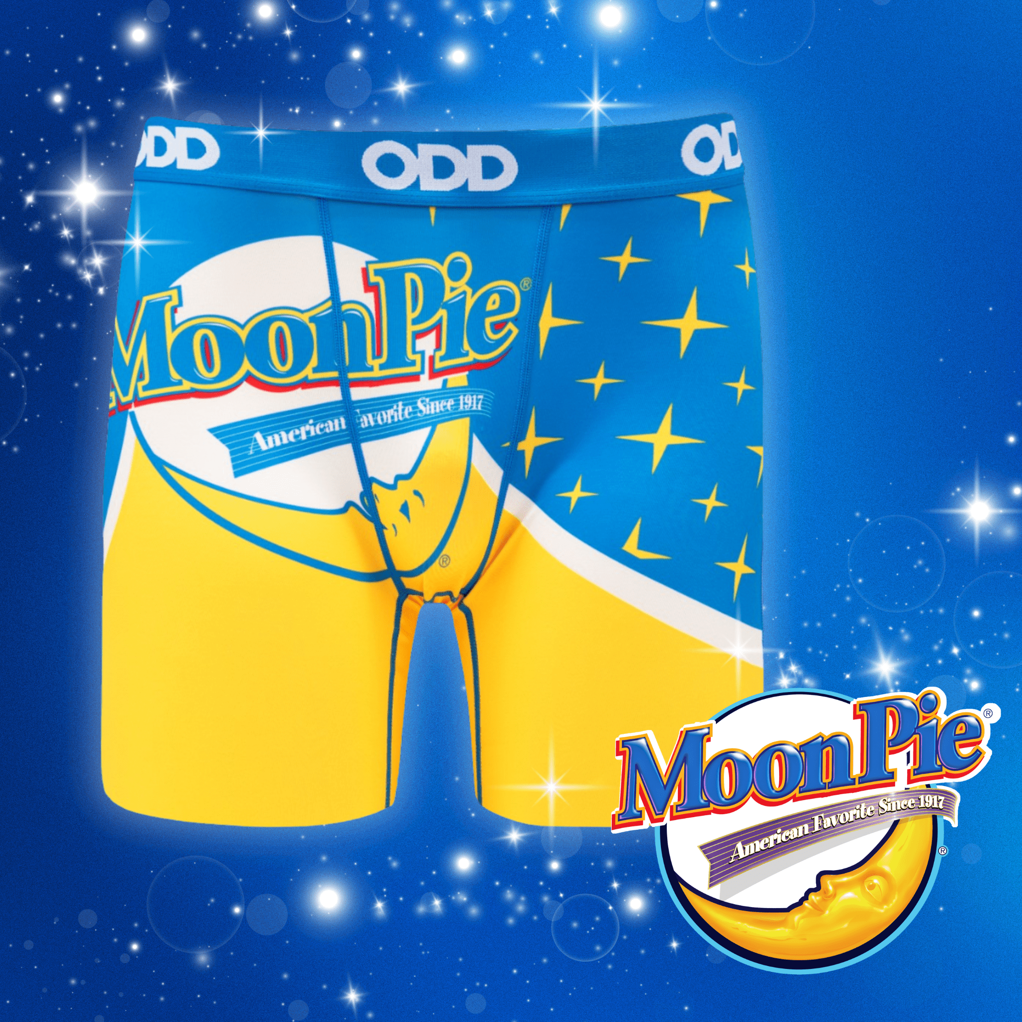 Bright boxer briefs with a MoonPie logo, blue and yellow design, and star patterns against a sparkling blue background.