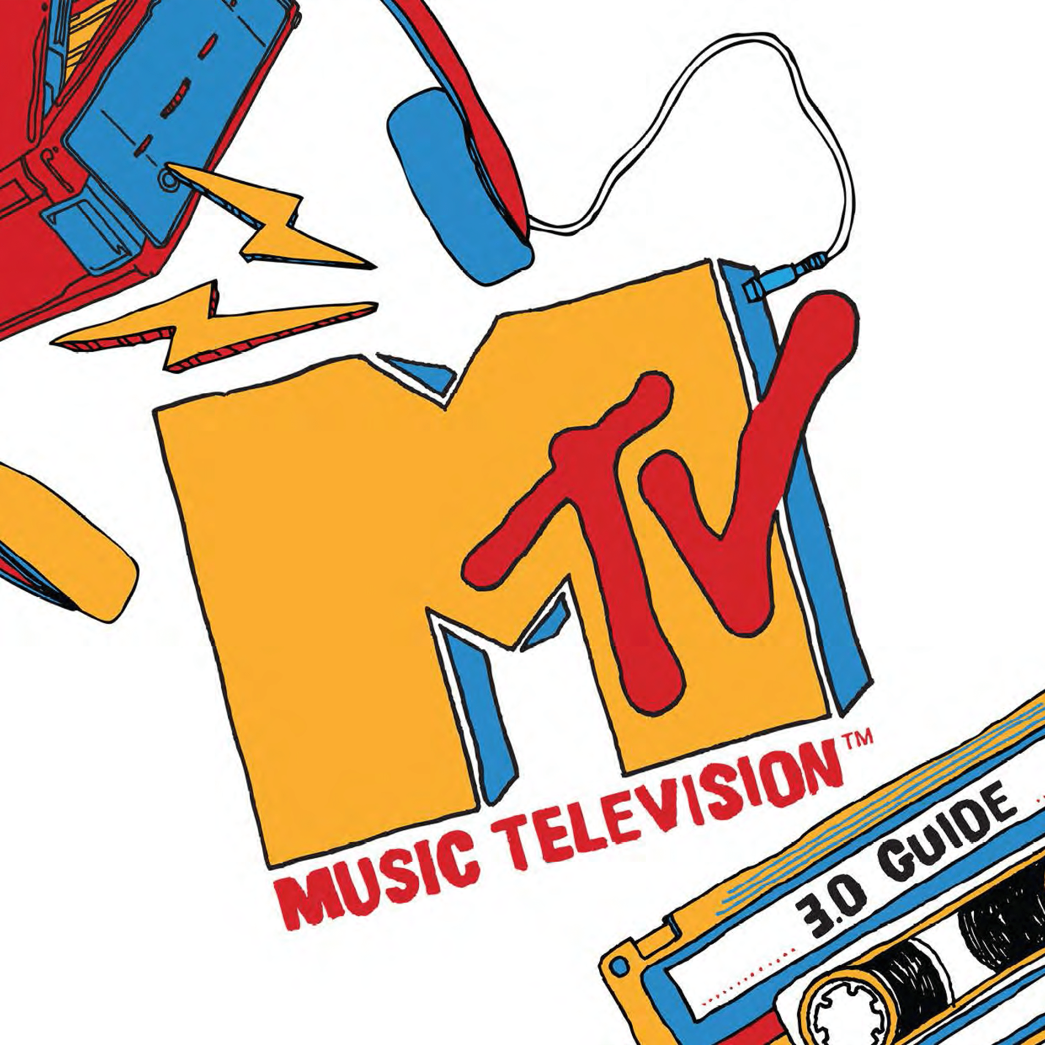  Retro MTV logo in yellow with bold red text and playful illustrations of vintage music equipment.