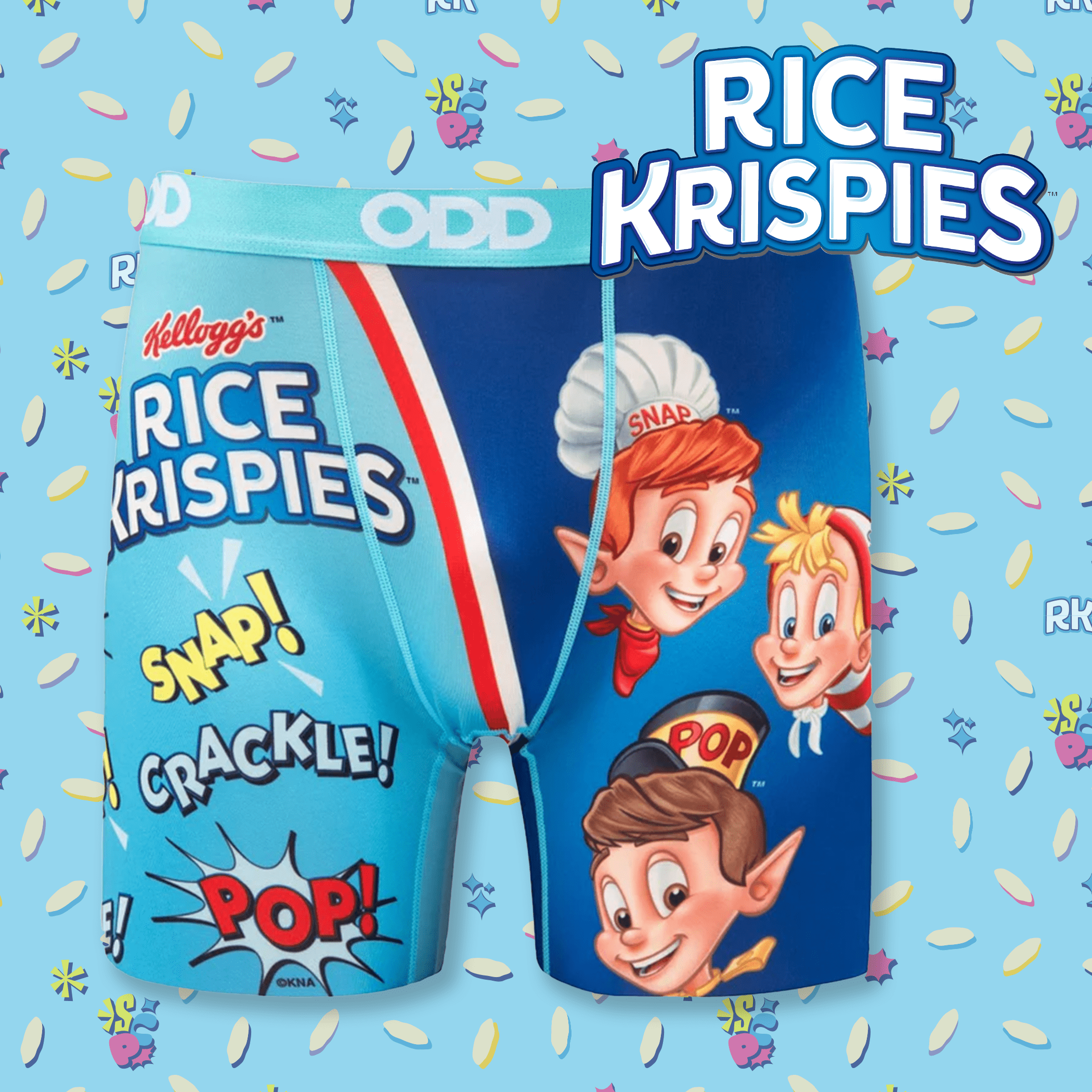 Blue boxer briefs with Rice Krispies branding featuring Snap, Crackle, and Pop. Light blue waistband with "ODD." The background shows cereal and the Rice Krispies logo in the top right.