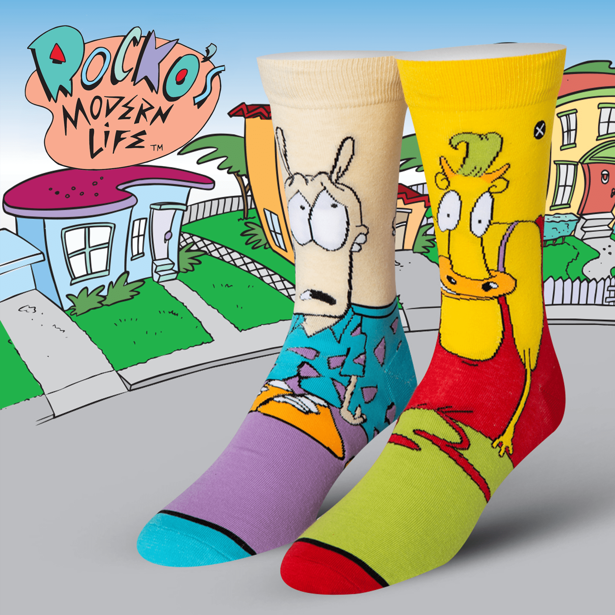 Mismatched socks featuring Rocko and Heffer from the animated show. Suburban scene background, with the Rocko's Modern Life logo in the top left.
