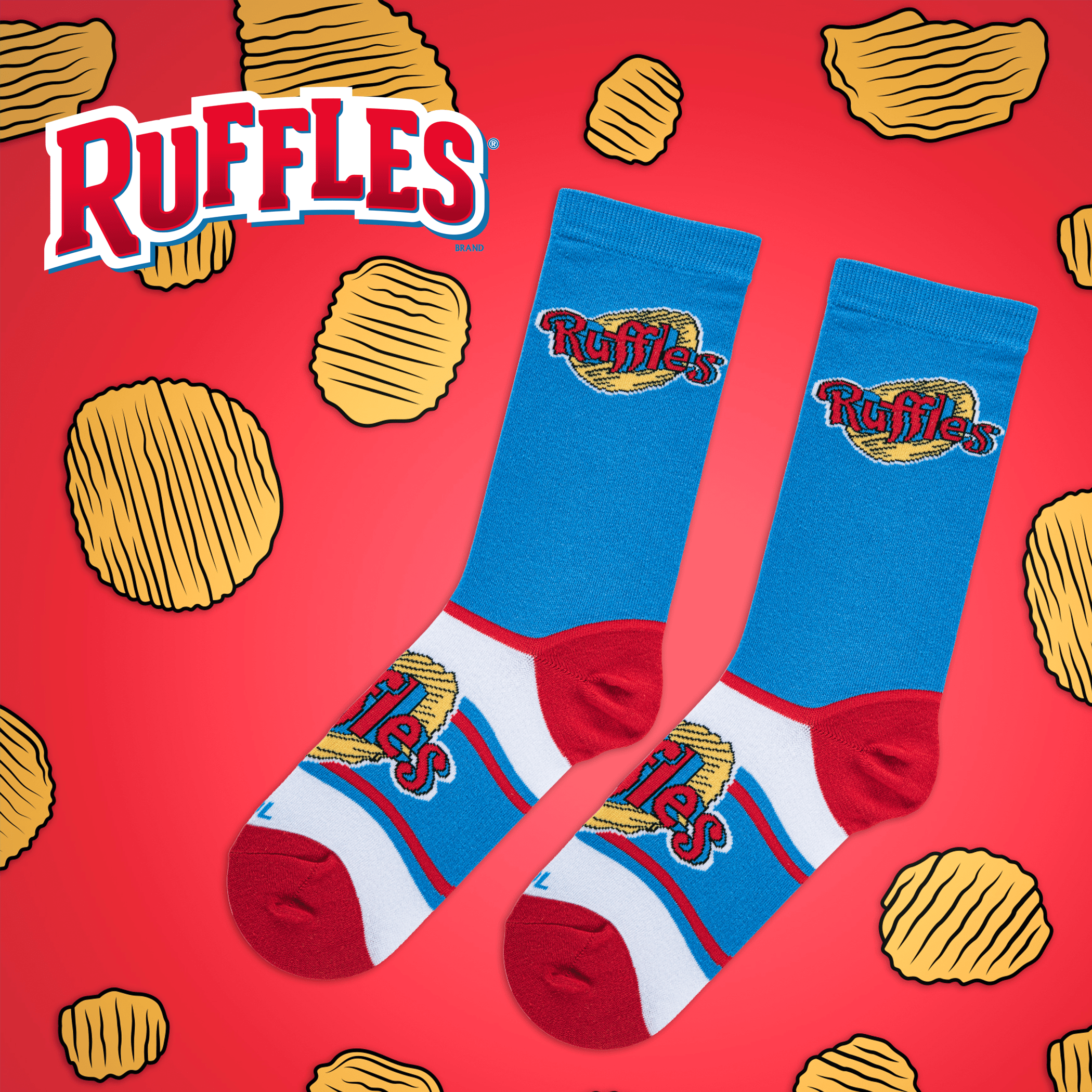 Bright red background with Ruffles socks featuring the wavy chip pattern, capturing the snack’s crunchy and savory appeal.