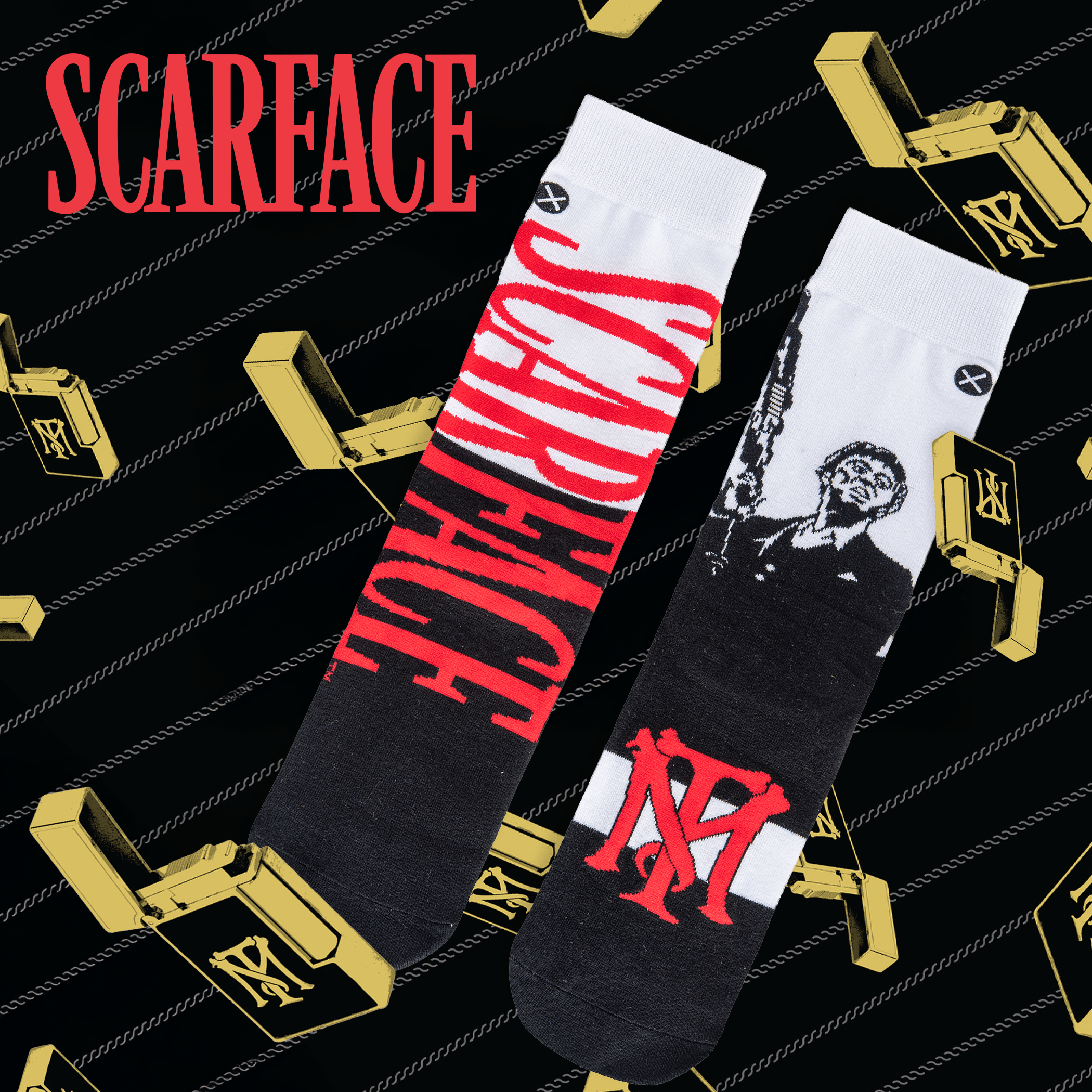 Black and white socks showcasing the Scarface logo in bold red and a portrait of Tony Montana, surrounded by gold chains.