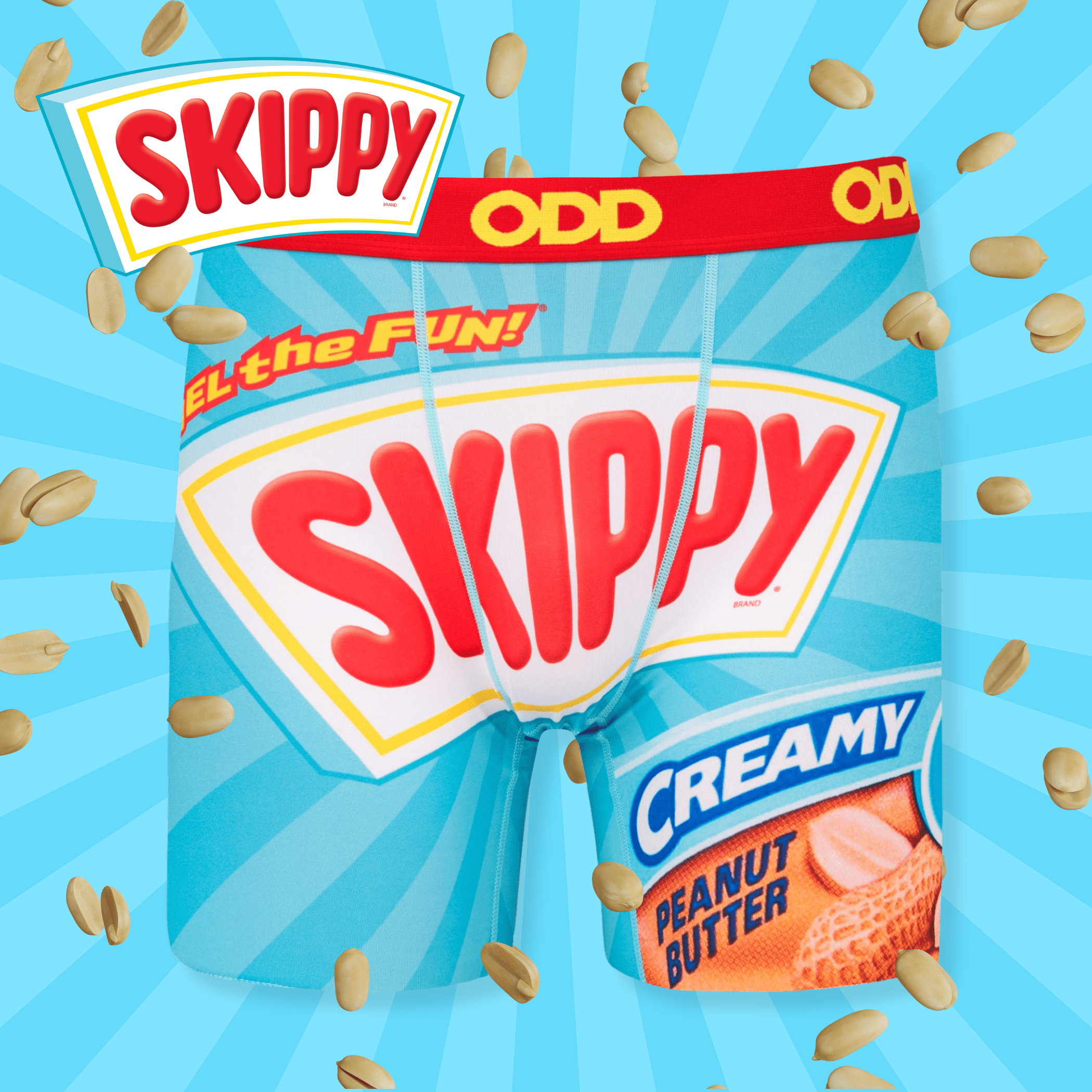 Bright blue boxer shorts with a peanut butter jar design, featuring the bold Skippy logo and playful peanut graphics.