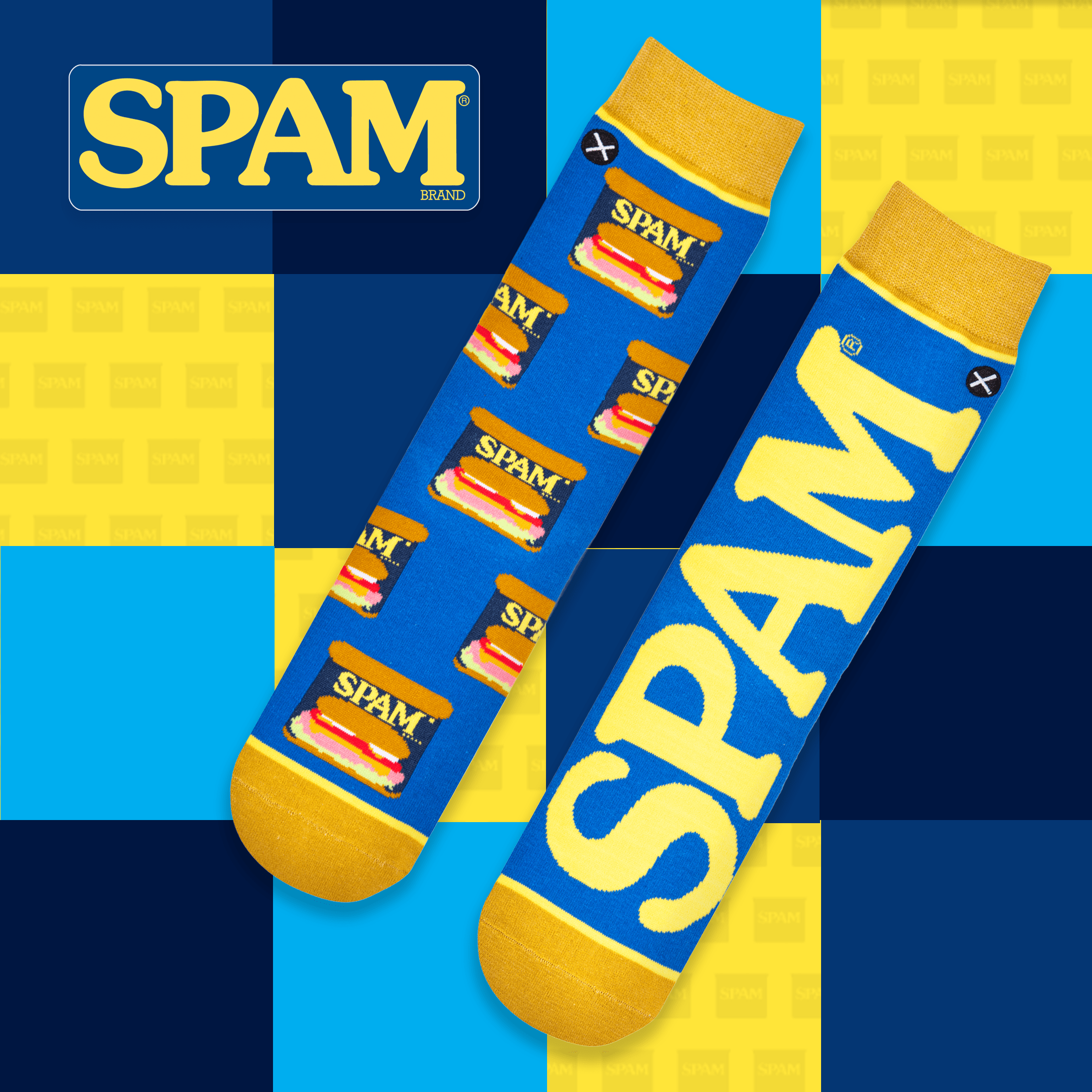 Blue and yellow socks with Spam can graphics and the word "SPAM" prominently displayed in bold letters.