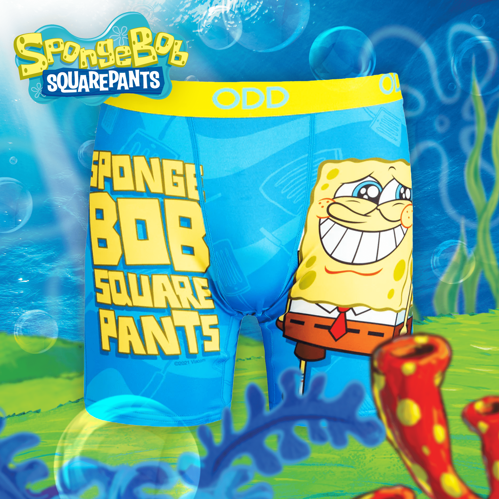 Blue boxer briefs with SpongeBob SquarePants branding and a large image of SpongeBob's smiling face. The waistband is yellow with "ODD" branding.