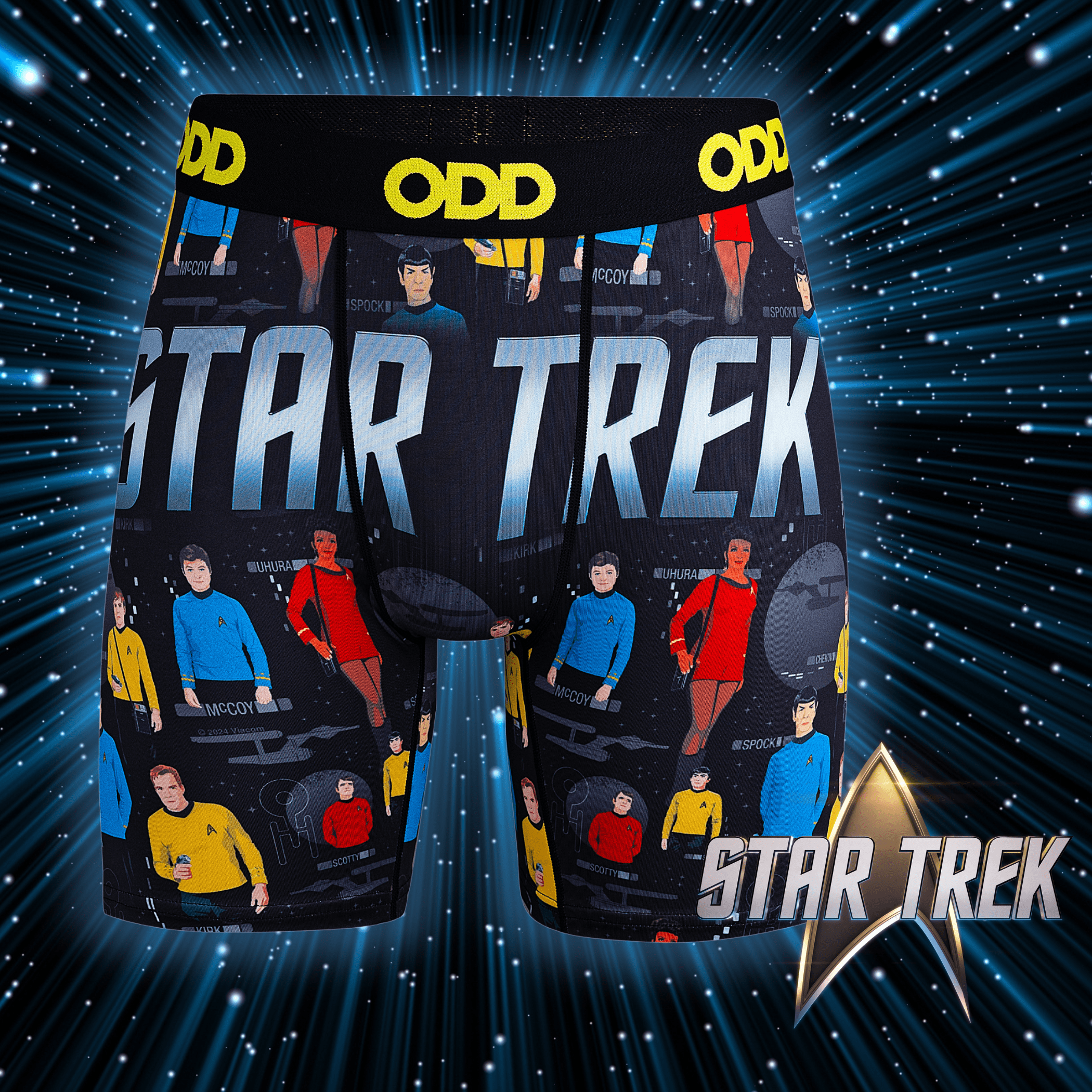 Starry space background with Star Trek boxer briefs featuring characters from the classic series, evoking the spirit of exploration and sci-fi adventure.