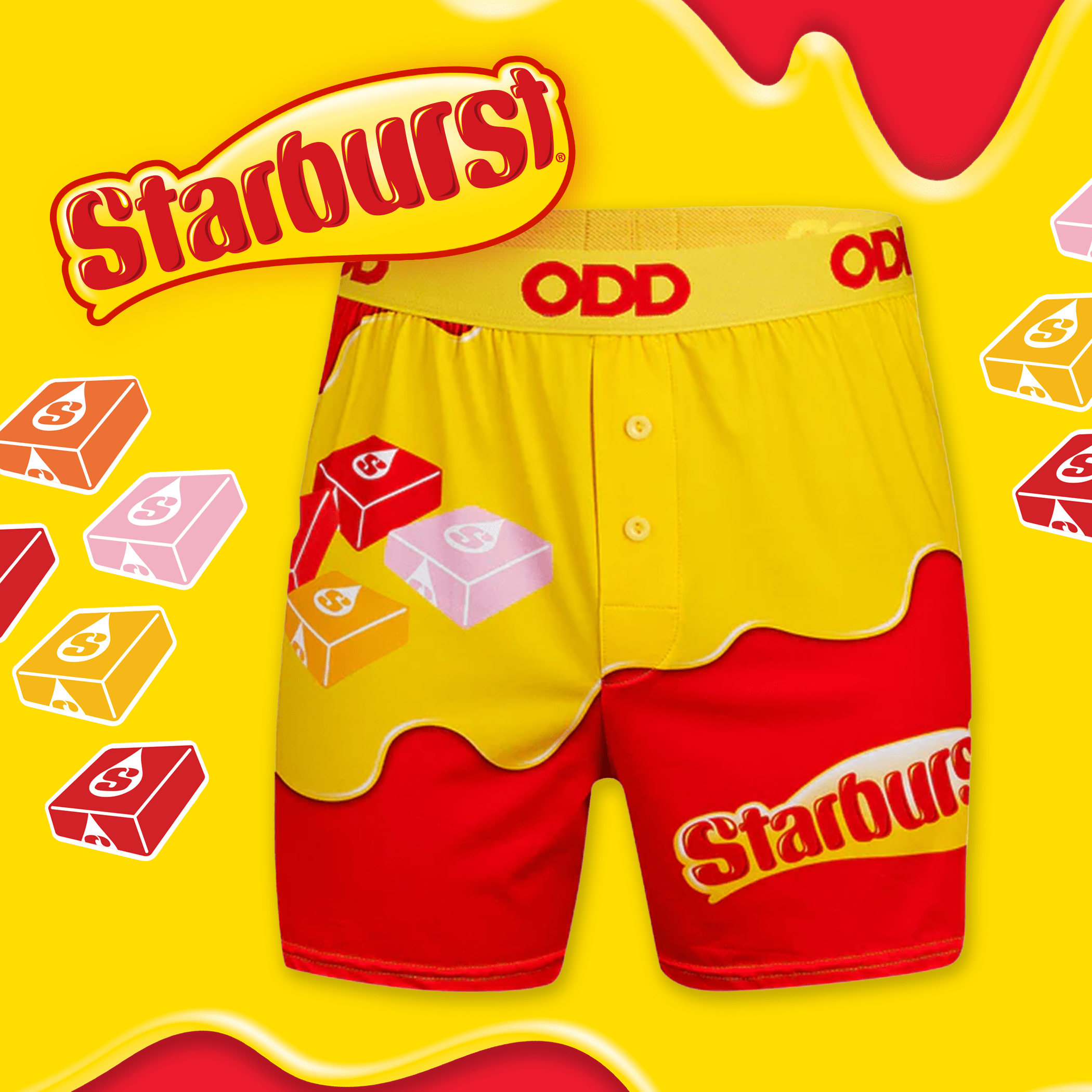 Yellow and red boxer briefs featuring Starburst logo and candy pieces. The waistband reads "ODD" in red, with a wavy yellow section resembling melted candy.
