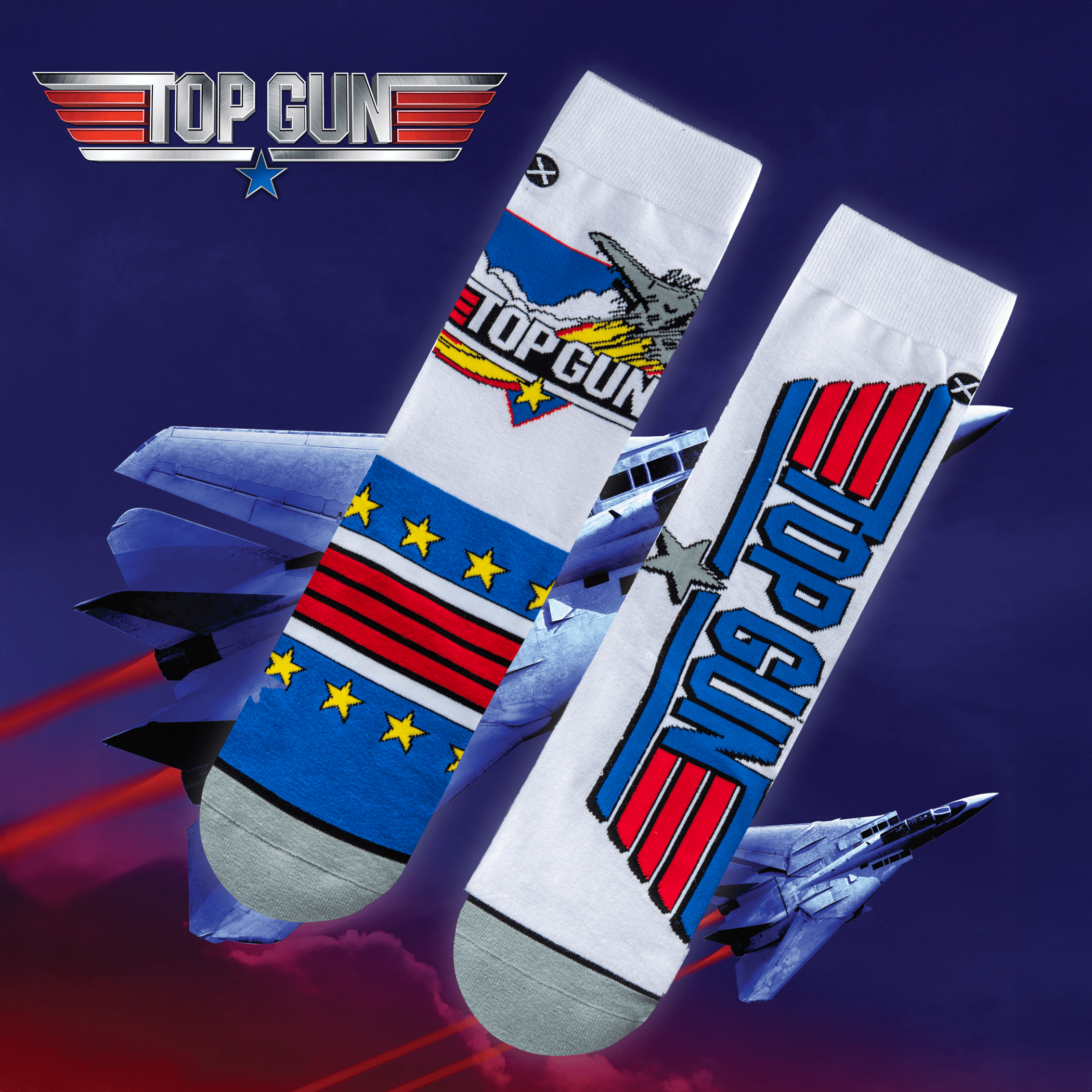 White socks with red, blue, and gray accents showcasing the "Top Gun" logo, fighter jets, and a star design.