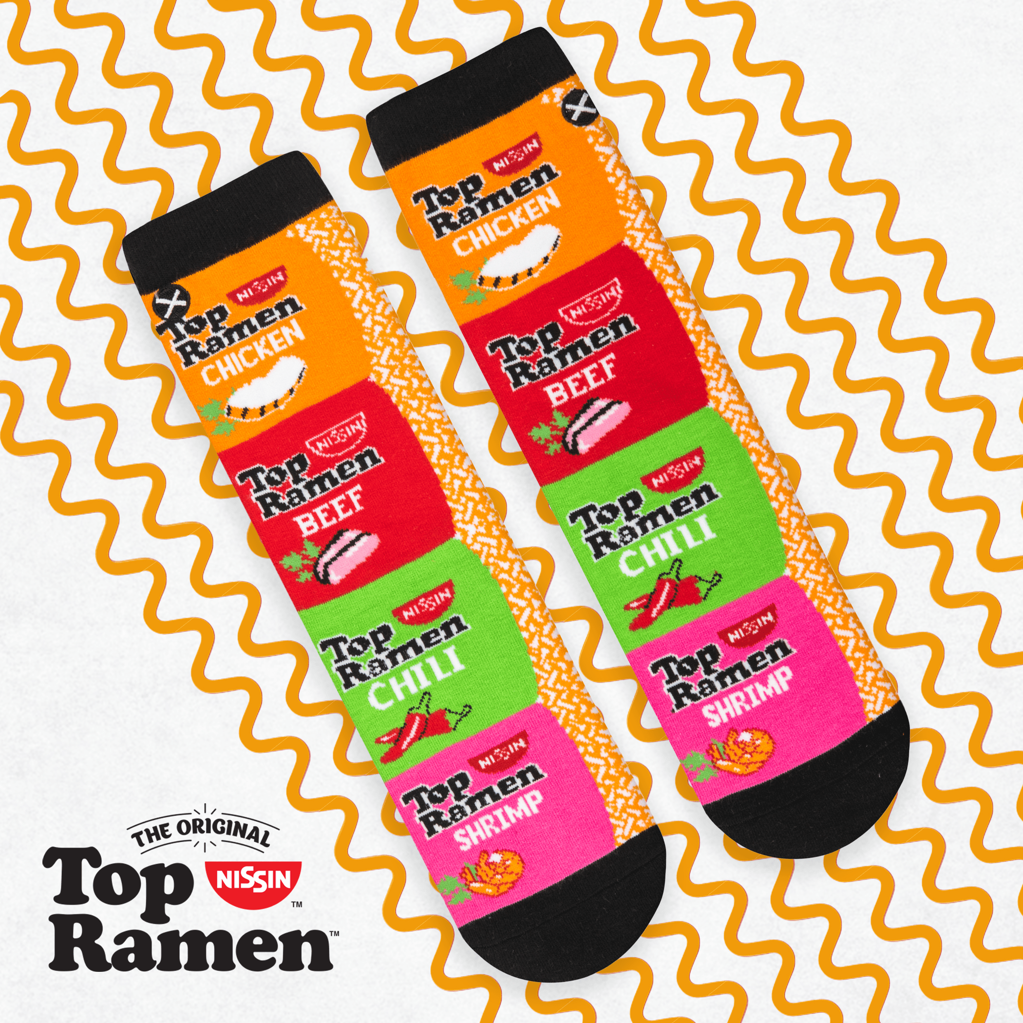 Socks featuring Top Ramen flavors like Chicken, Beef, Chili, and Shrimp, against a wavy noodle-themed background.