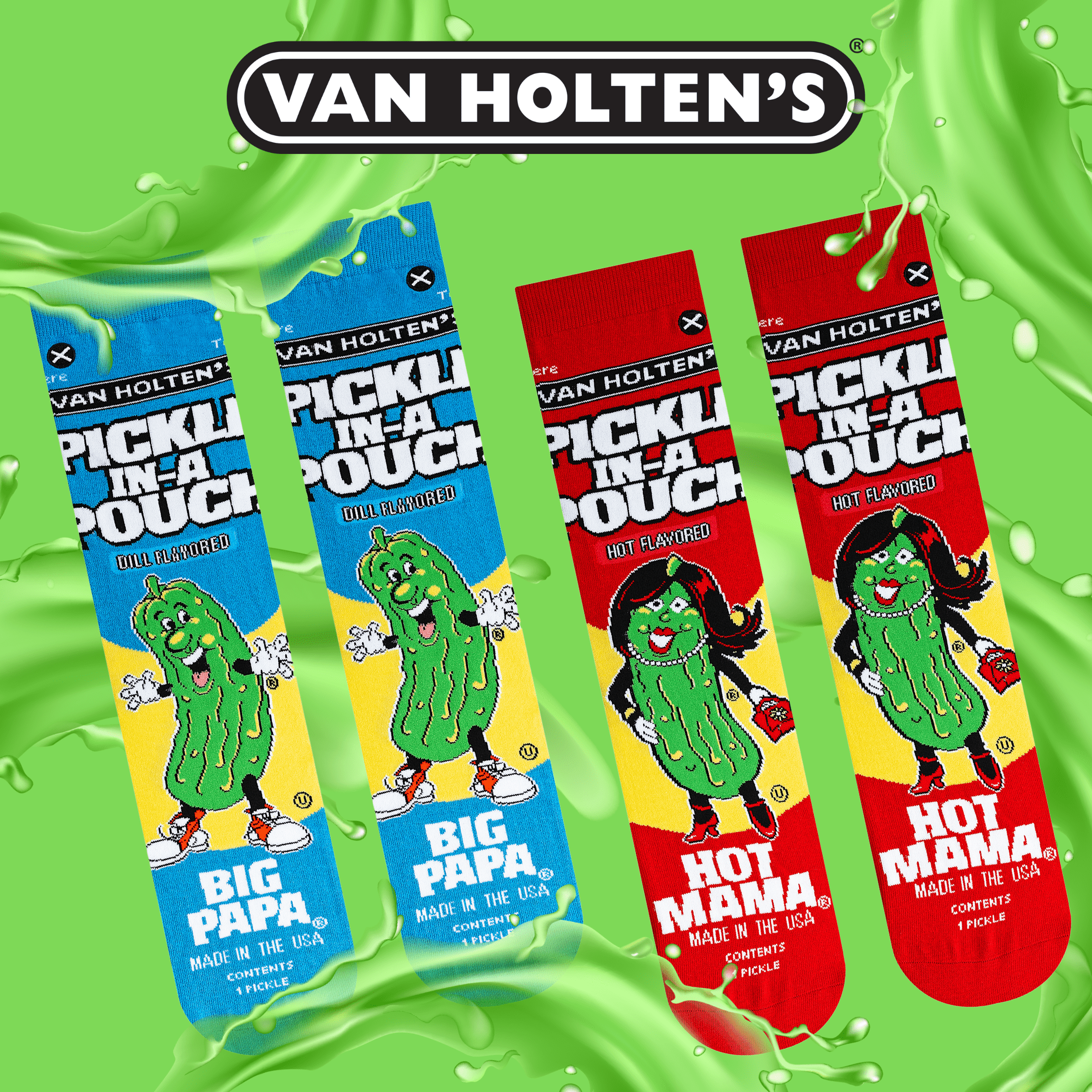 Two sets of socks featuring "Big Papa" (blue and yellow) and "Hot Mama" (red and yellow) pickles from Van Holten’s Pickle-In-A-Pouch. Green, liquid-splatter background.