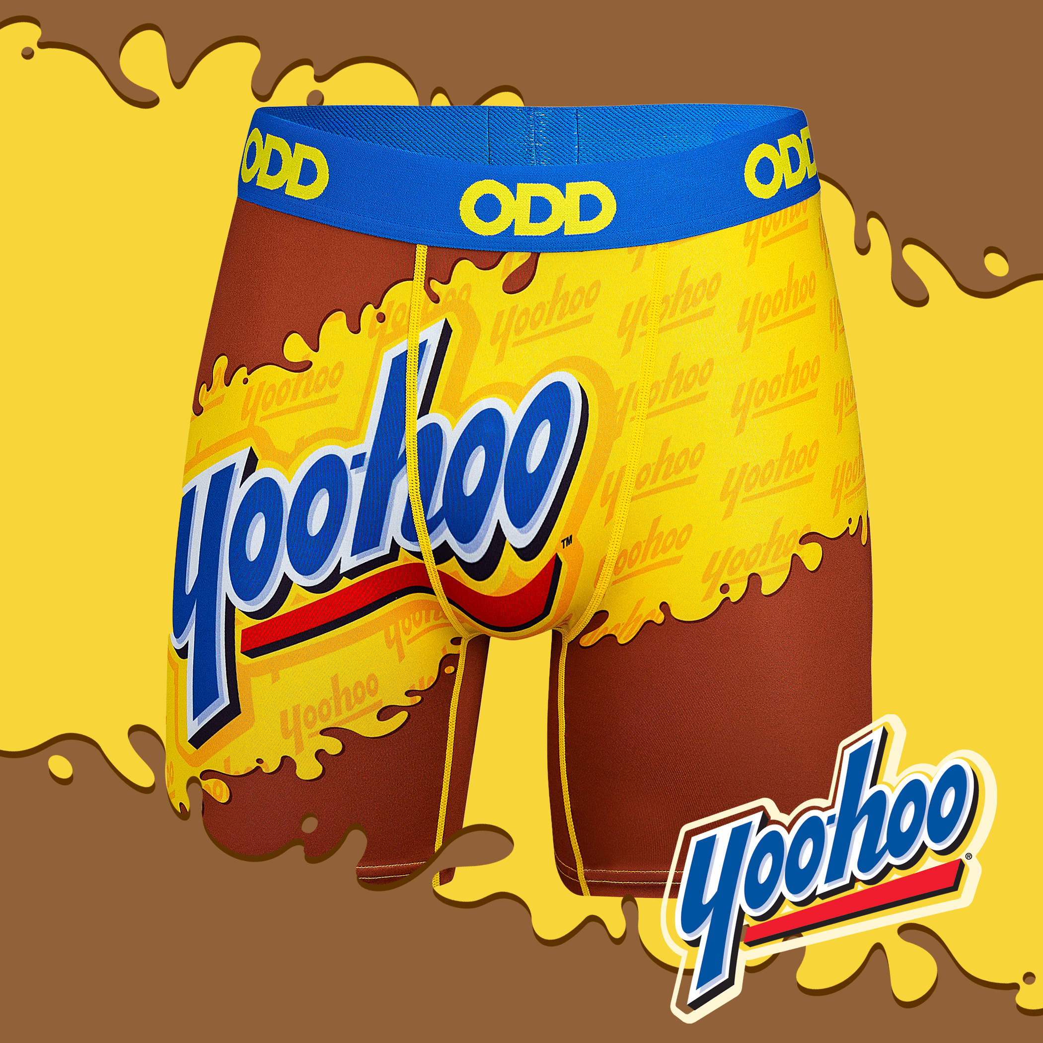 Yellow and brown boxer briefs with a splash of chocolate and Yoo-hoo logo. Blue waistband featuring "ODD." Yoo-hoo logo in the bottom right, with a brown and yellow background pattern.
