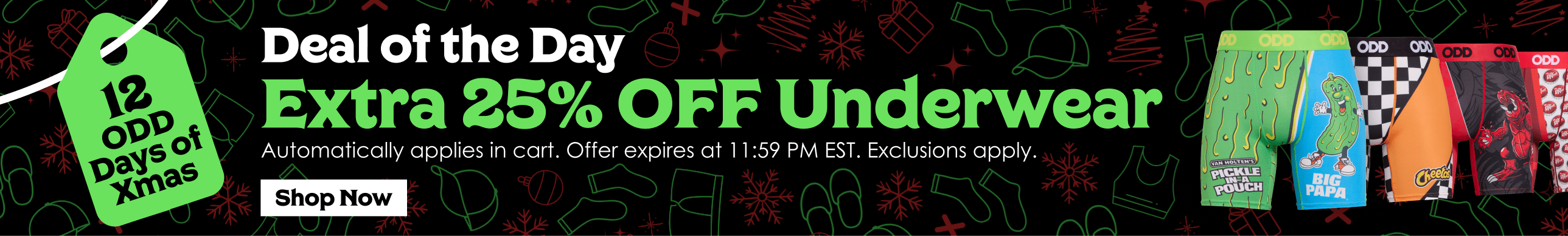 Promotional banner for '12 Odd Days of Xmas' with a green tag and text on a black background.