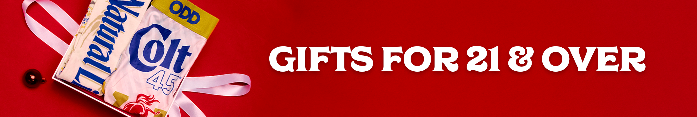 Banner showcasing Odd Sox 21+ gifts collection featuring socks and boxers inspired by beer, liquor, and other adult beverage brands. Fun, cheeky designs perfect for the grown-up with a sense of humor.