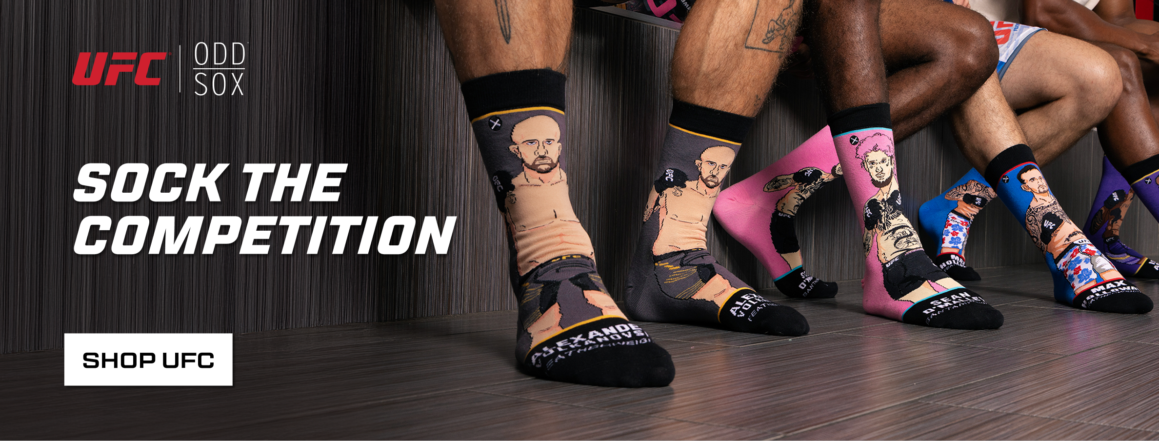 UFC promotional banner with a fighter and socks featuring UFC branding.