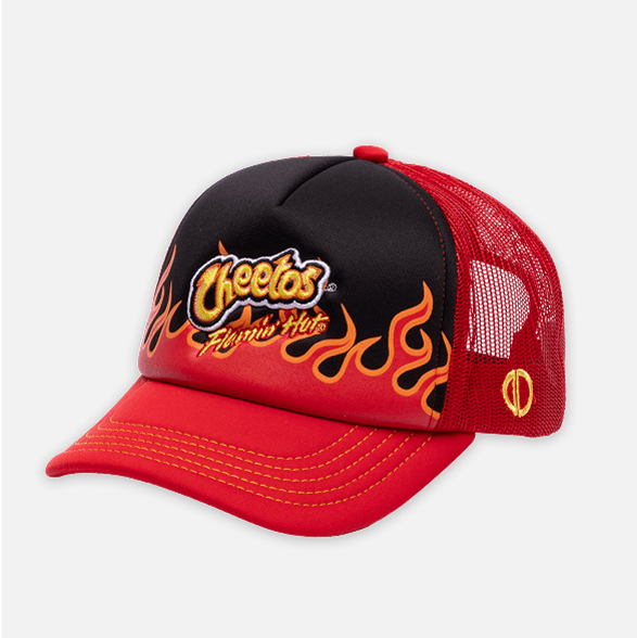 Red and black cap with Cheetos Flaming Hot logo on a white background