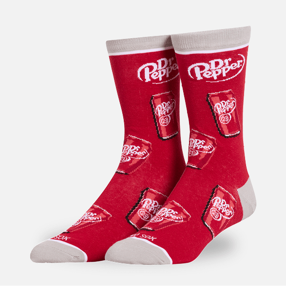 Red Dr Pepper socks with brand logo on a white background