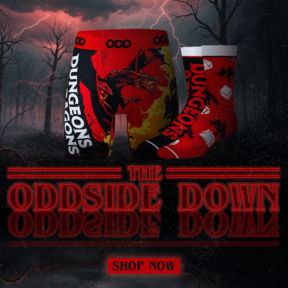 Red underwear with 'Dungeons & Dragons' branding against a dark, stormy forest background.
